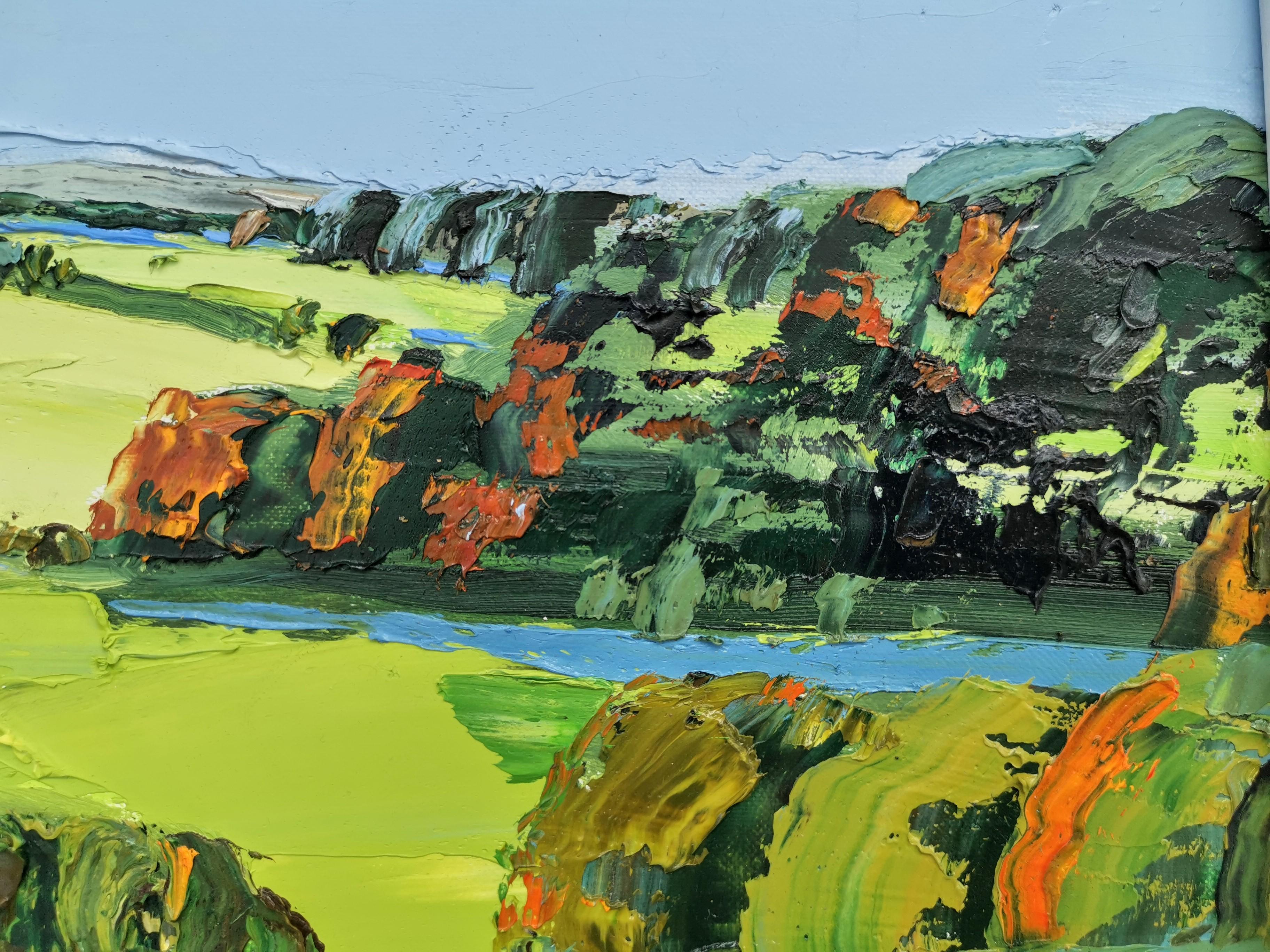 Autunno nelle Cotswolds, Pittura di paesaggio originale, Olio su tavola - Abstract Painting Grigio di Georgie Dowling