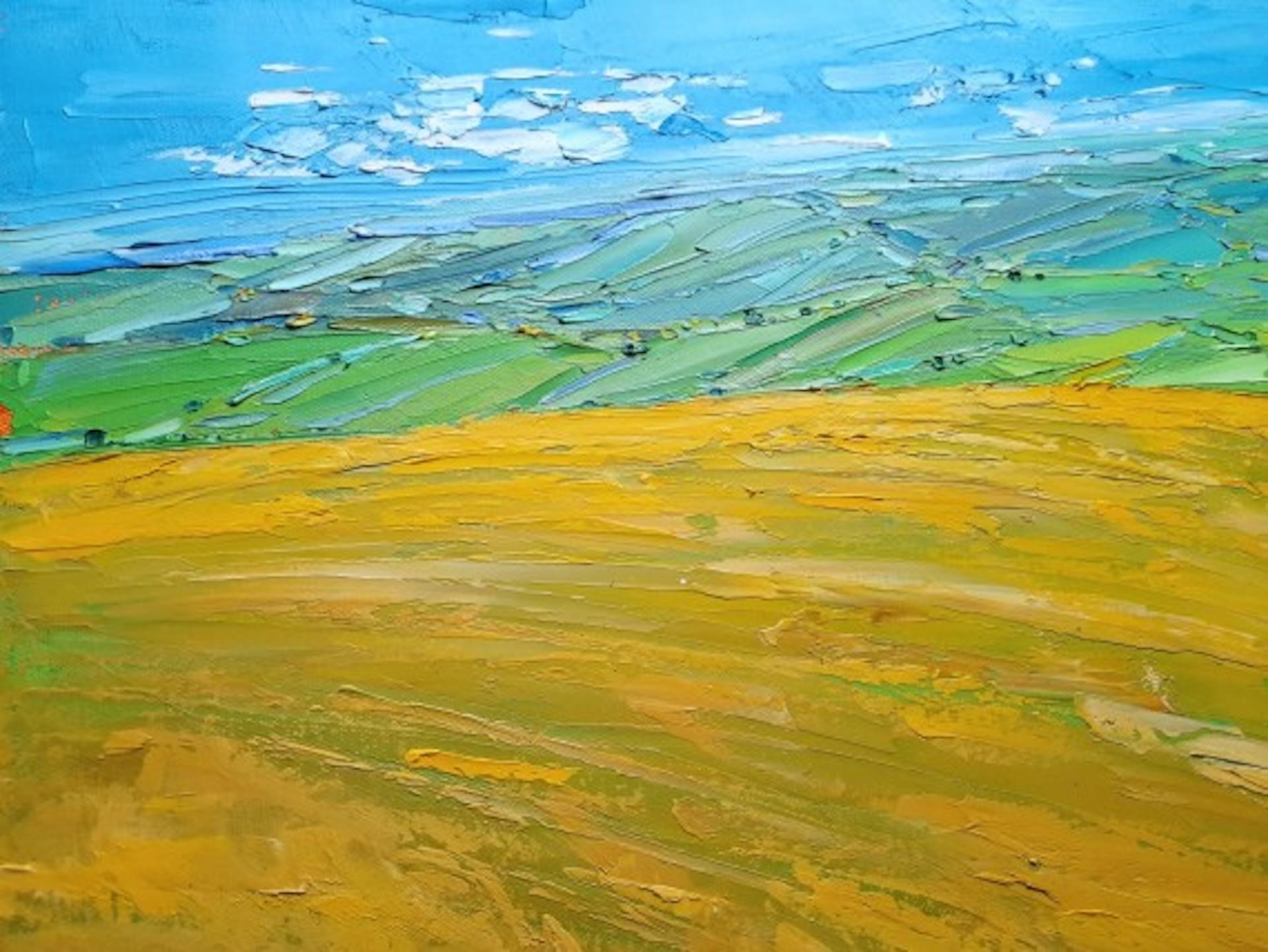 Veduta del campo d'orzo, Georgie Dowling, Pittura originale di paesaggio, Cotswold Art in vendita 3