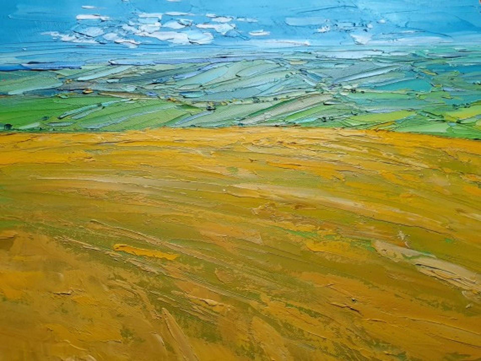 Veduta del campo d'orzo, Georgie Dowling, Pittura originale di paesaggio, Cotswold Art in vendita 4