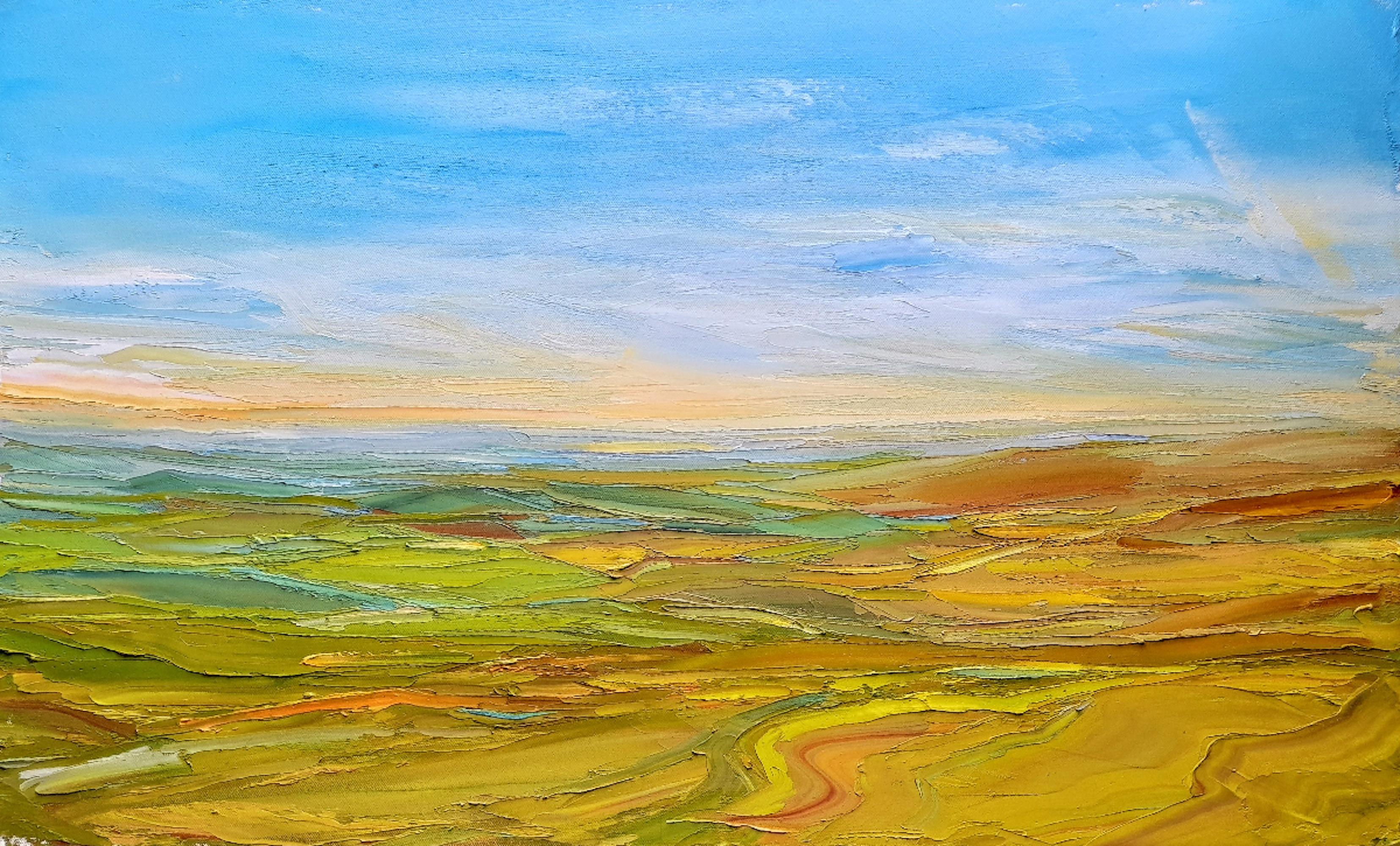 Morning through Dartmoor by Georgie Dowling [2022]
Signed by the artist
Oil paint on canvas
Image size: H:50 cm x W:75 cm x D:4cm
Please note that insitu images are purely an indication of how a piece may look
Morning through Dartmoor is a palette