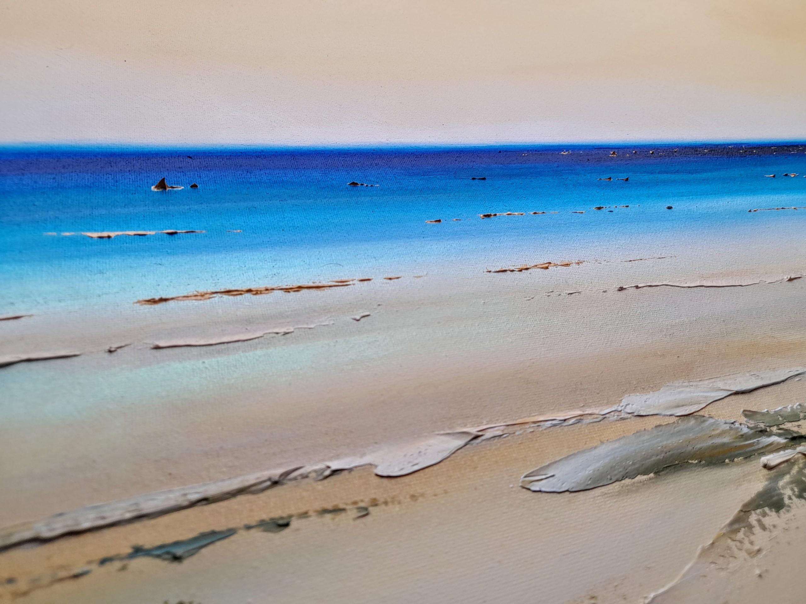 Gloaming Coast, seascape art, beech art, original art, affordable art - Beige Abstract Painting by Georgie Dowling