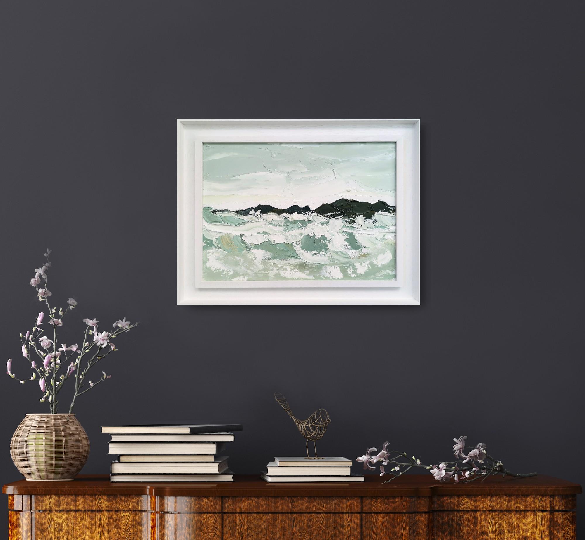 Grey day at the breakwater, Original Landscape Painting, Oil on Board, Seascape For Sale 10