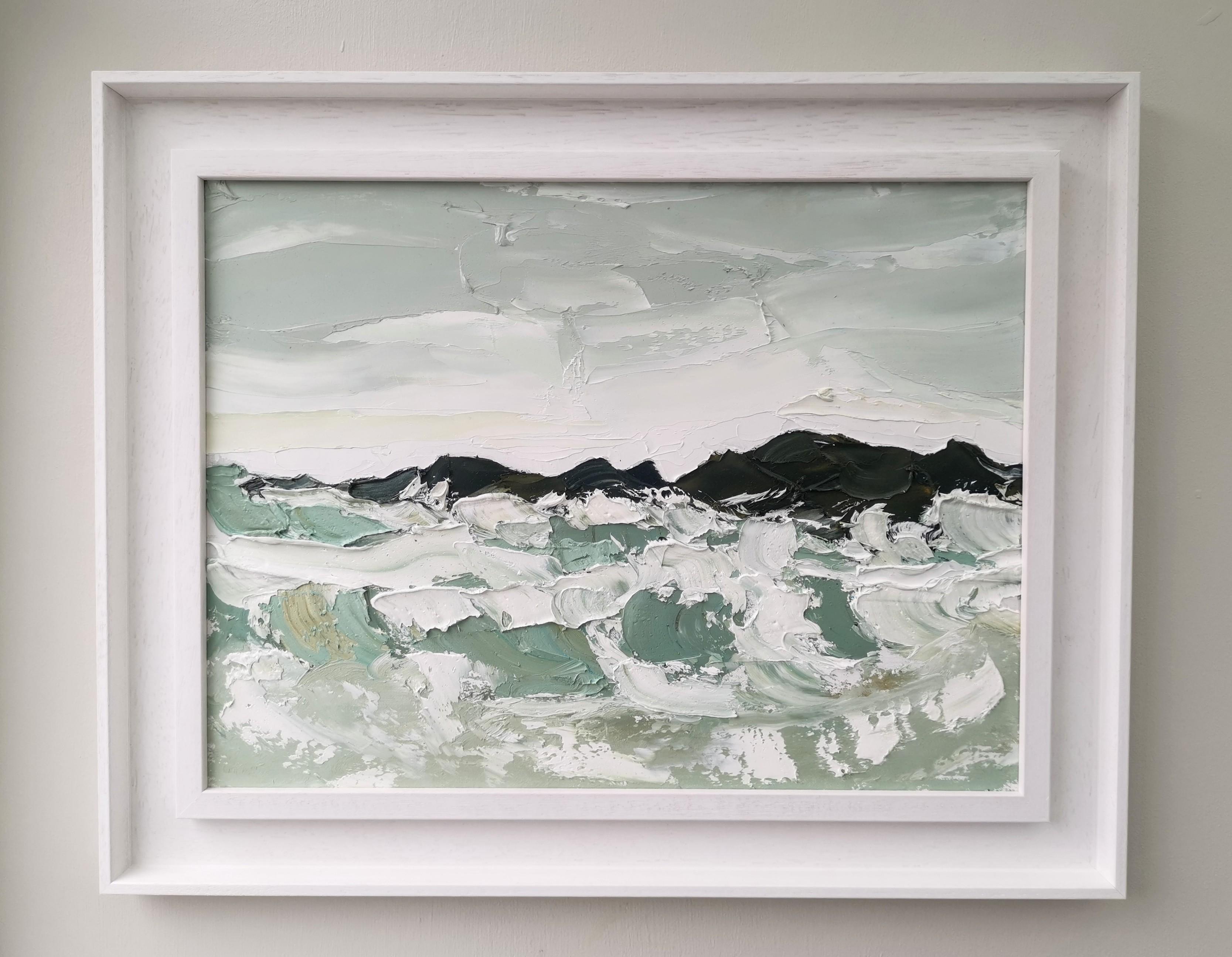 Grey day at the breakwater, Original Landscape Painting, Oil on Board, Seascape For Sale 11