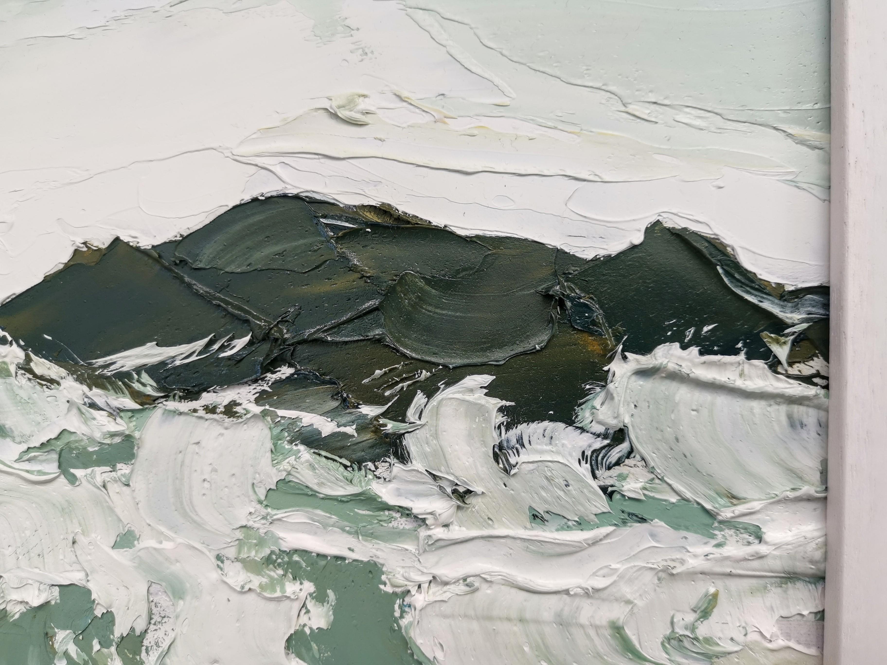 Grey day at the breakwater, Original Landscape Painting, Oil on Board, Seascape For Sale 13