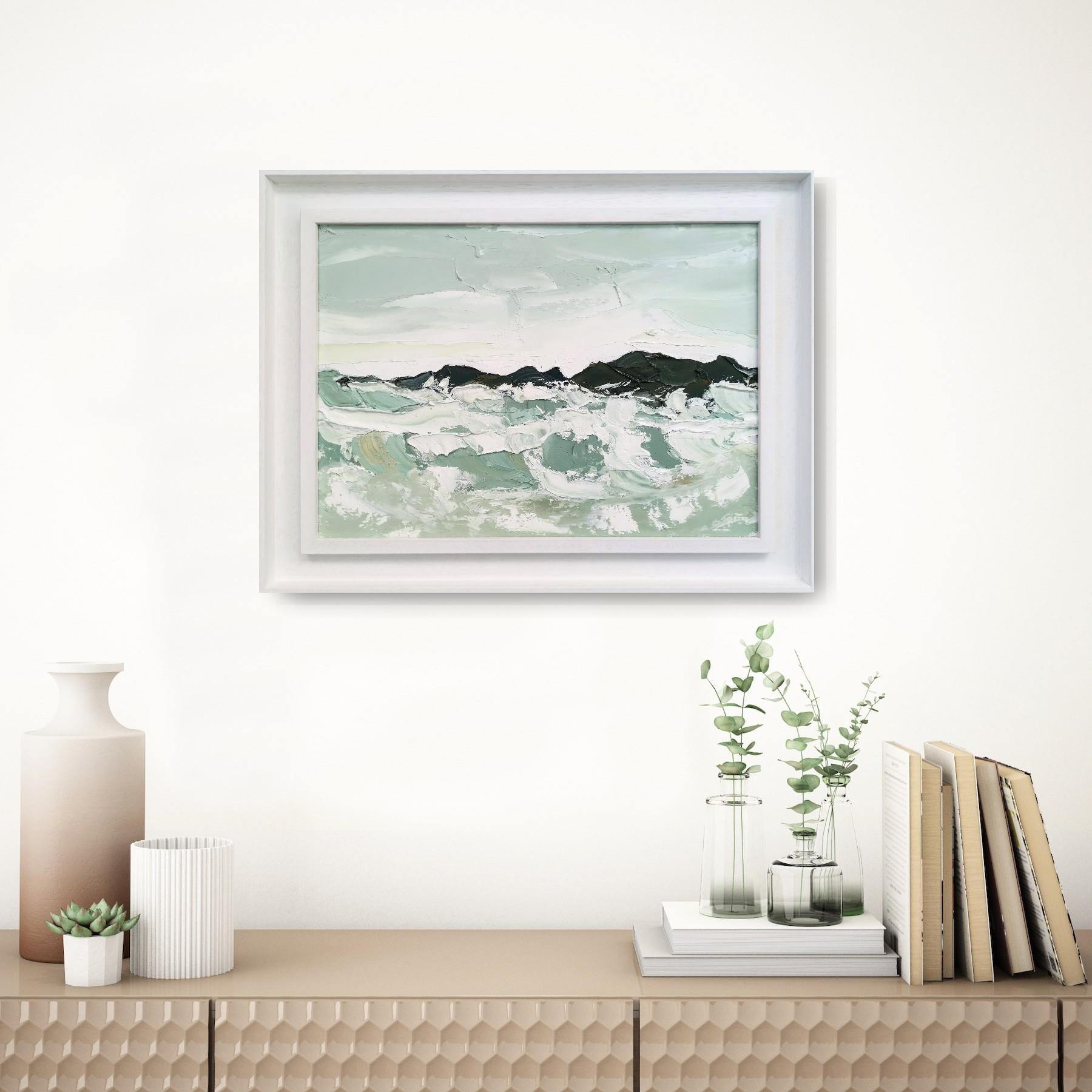 Grey day at the breakwater, Original Landscape Painting, Oil on Board, Seascape For Sale 2