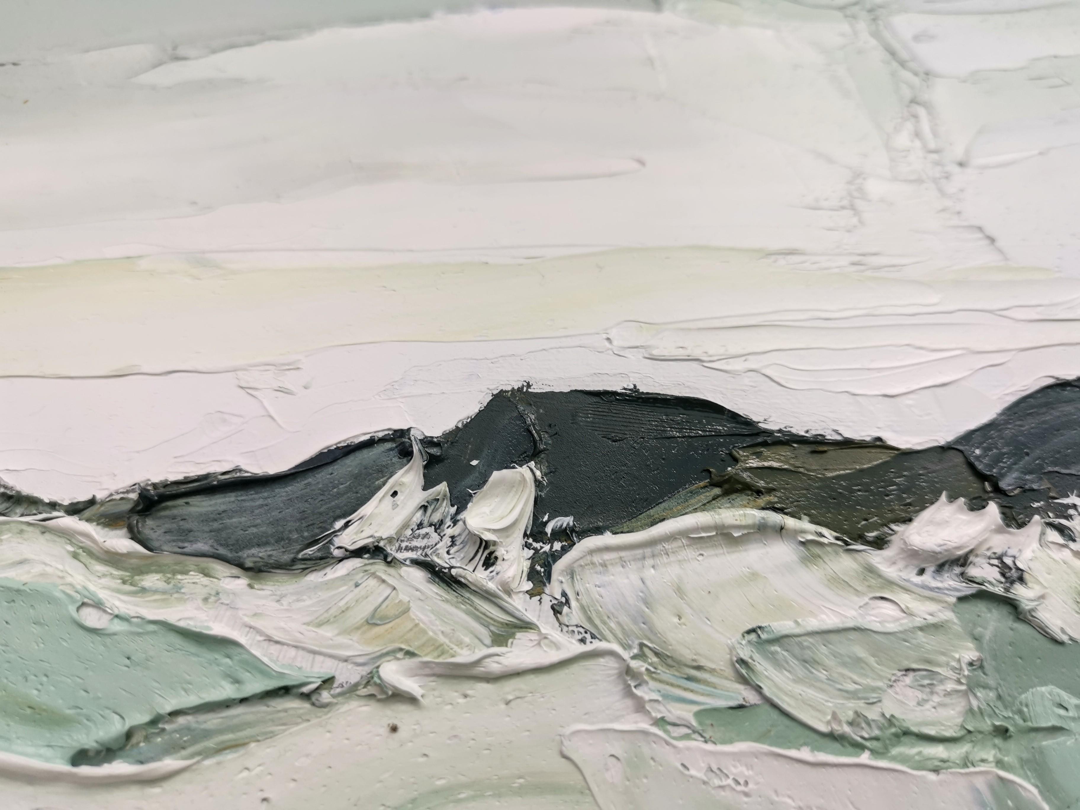 Grey day at the breakwater, Original Landscape Painting, Oil on Board, Seascape For Sale 3