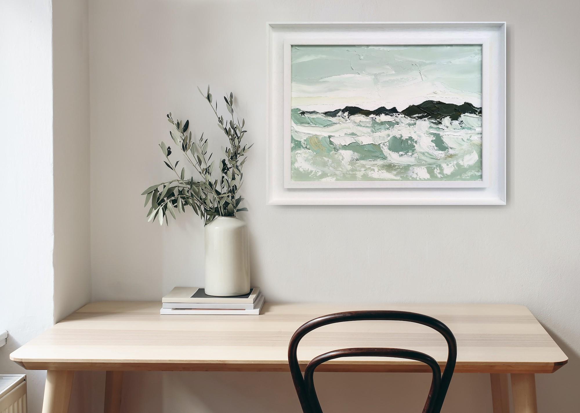 Grey day at the breakwater, Original Landscape Painting, Oil on Board, Seascape For Sale 4