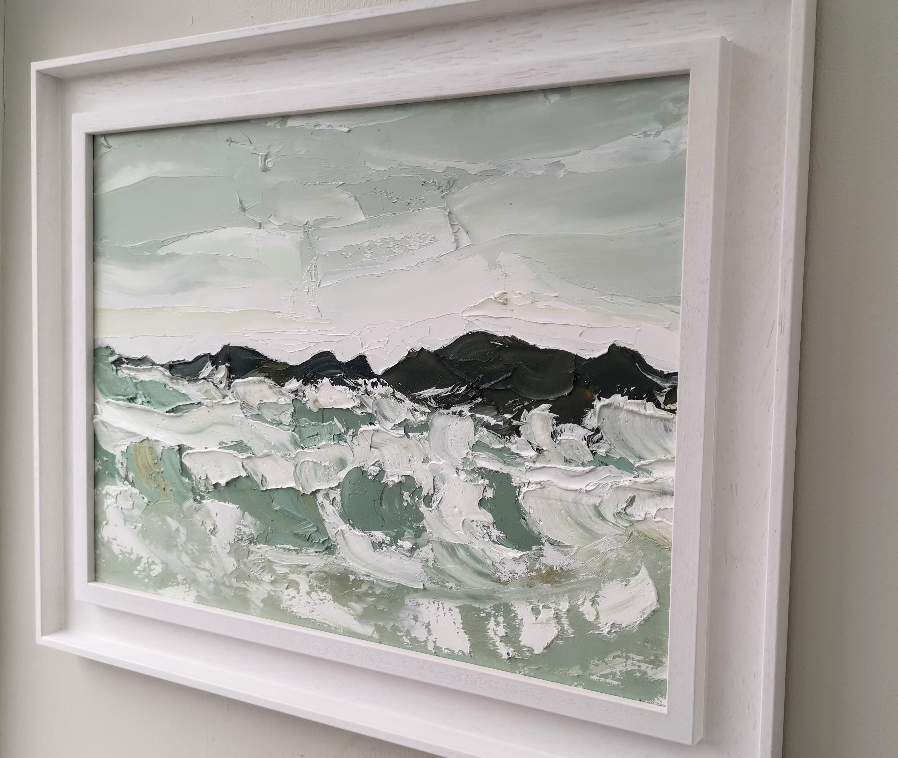 Grey day at the breakwater, Original Landscape Painting, Oil on Board, Seascape For Sale 5