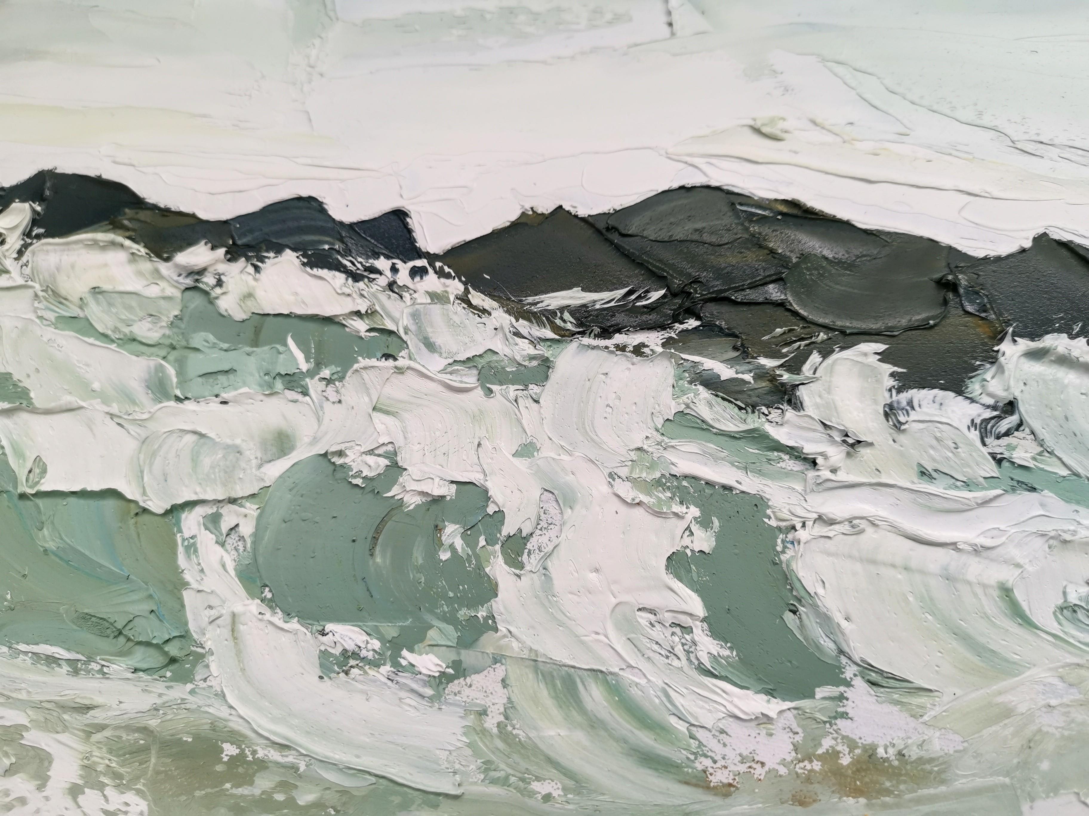 Grey day at the breakwater, Original Landscape Painting, Oil on Board, Seascape For Sale 6