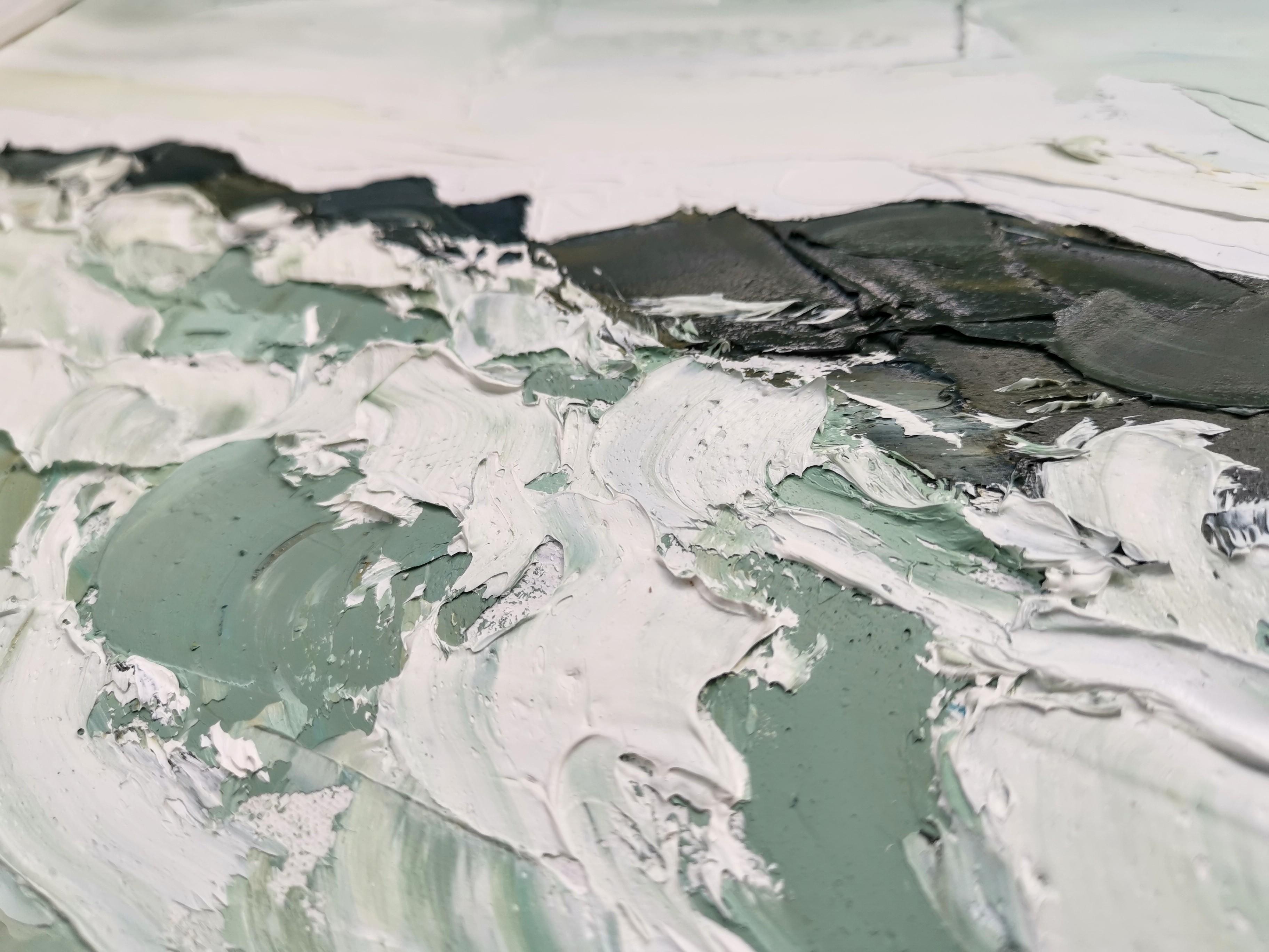 Grey day at the breakwater, Original Landscape Painting, Oil on Board, Seascape For Sale 8