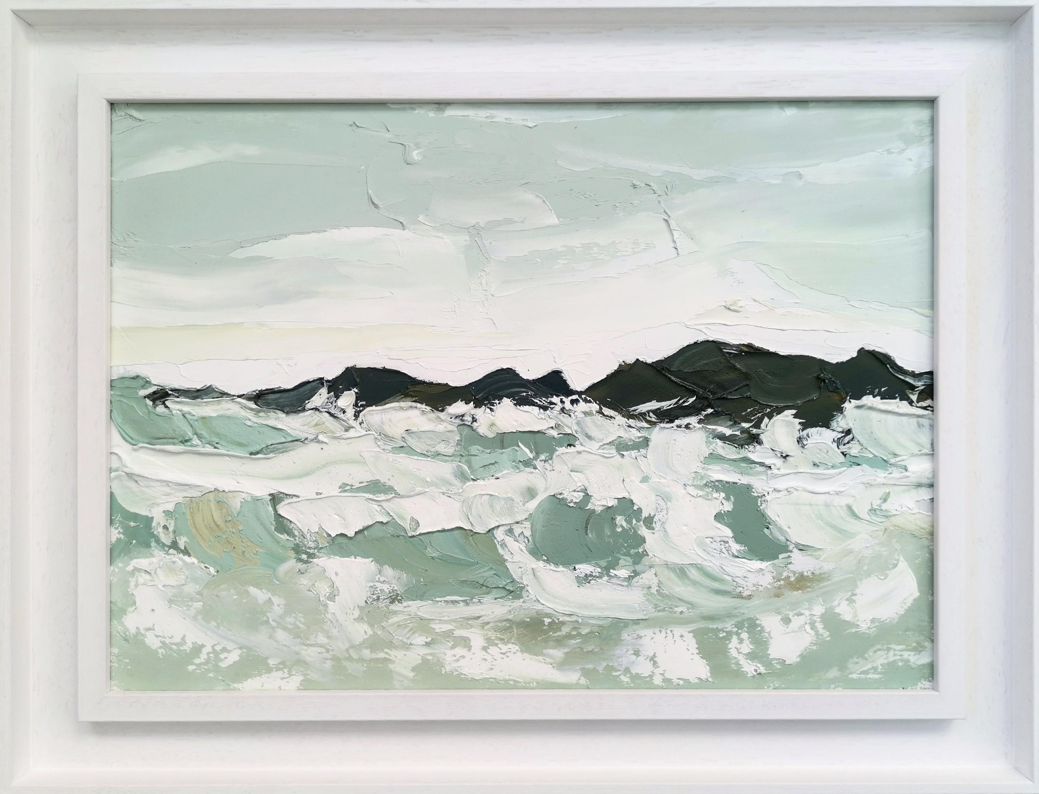 Giornata grigia al frangiflutti, Pittura originale di paesaggio, Olio su tavola, Paesaggio marino