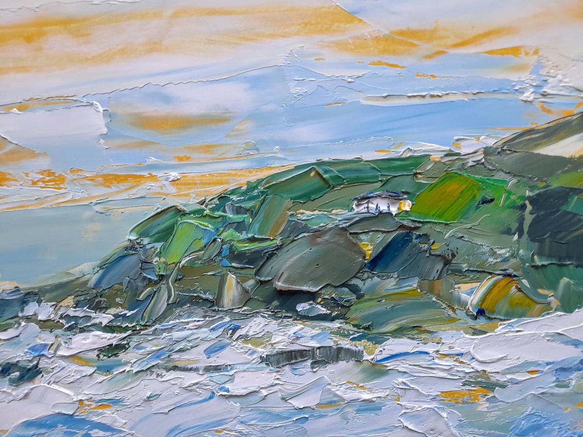 House on the headland, Cornouailles, Paysage d'art, côte, plage, impressionniste - Painting de Georgie Dowling