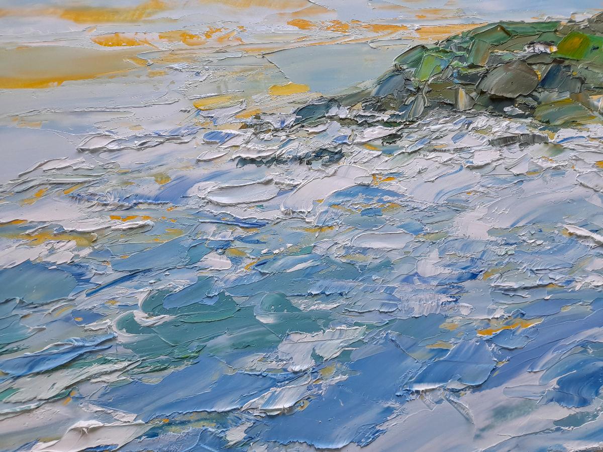 House on the headland, Cornwall, Landscape art, coastal, beach, Impressionist - Gray Landscape Painting by Georgie Dowling