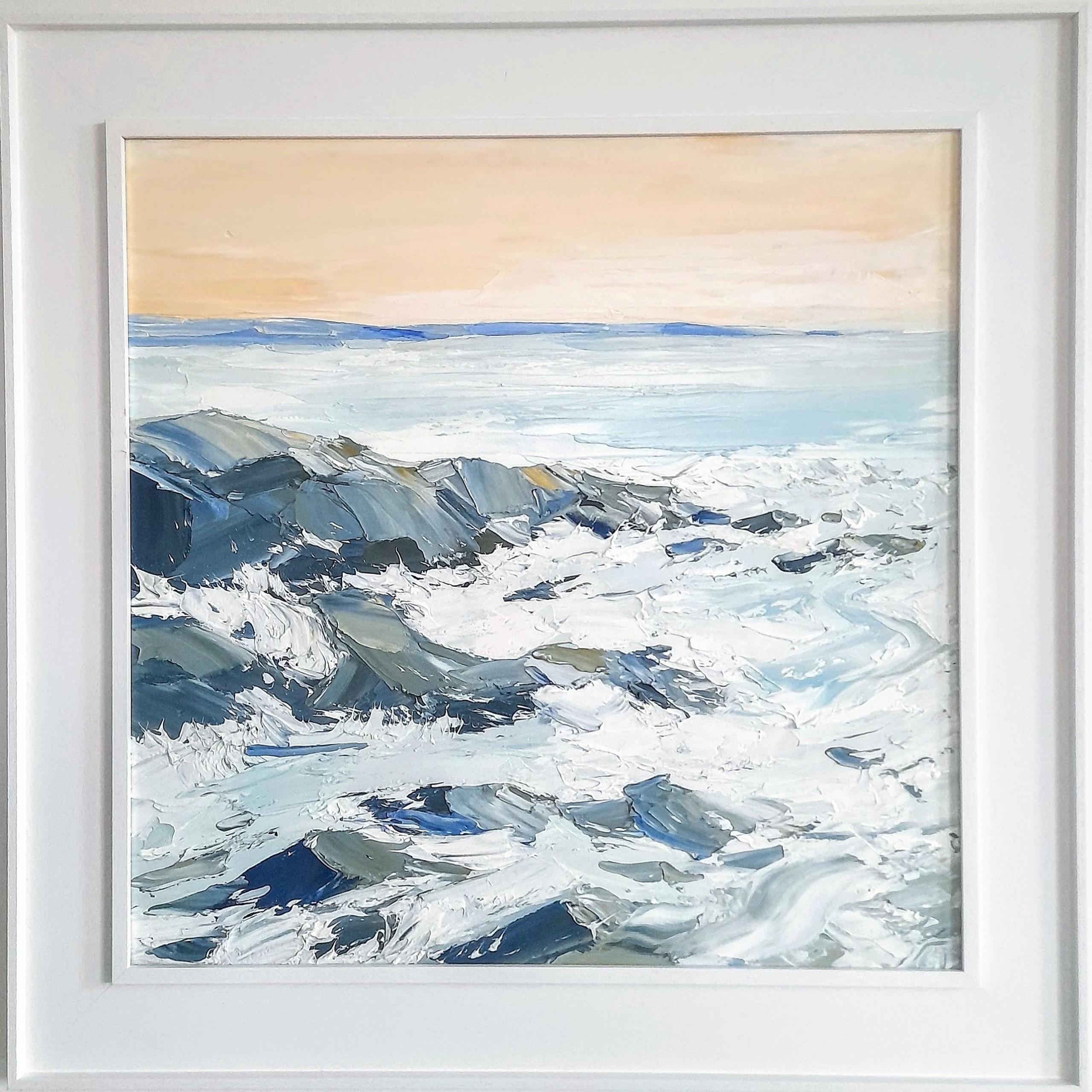 Georgie Dowling Landscape Painting - Incoming Tide At The Breakwater, Semi Abstract Seascape Painting, Textured Art