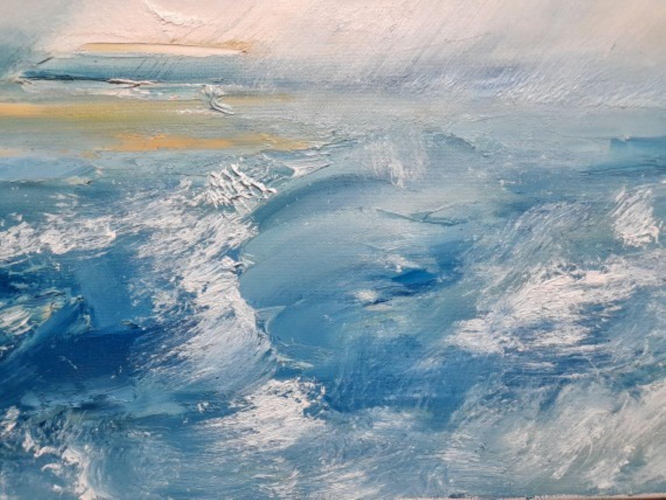 Tempête qui passe, peinture originale de paysage marin et de terre cuite  - Gris Landscape Painting par Georgie Dowling