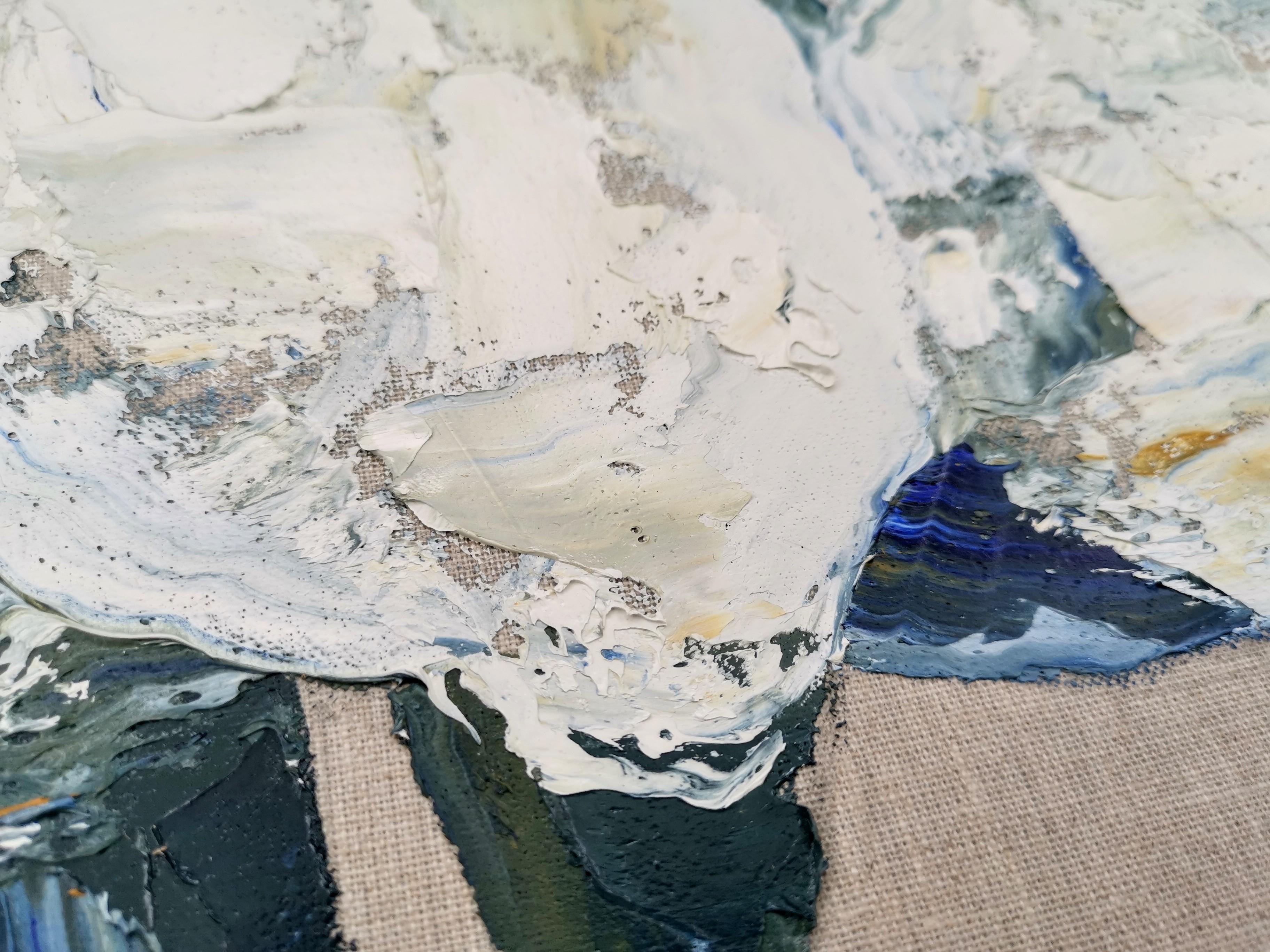 Un óleo de ovejas pintado con pintura espesa aplicada espontáneamente con espátula sobre lino imprimado con gesso transparente dejando a la vista la textura y el color del lino.

INFORMACIÓN ADICIONAL:
Oveja IV por Georgie Dowling [2024]
Pintura al