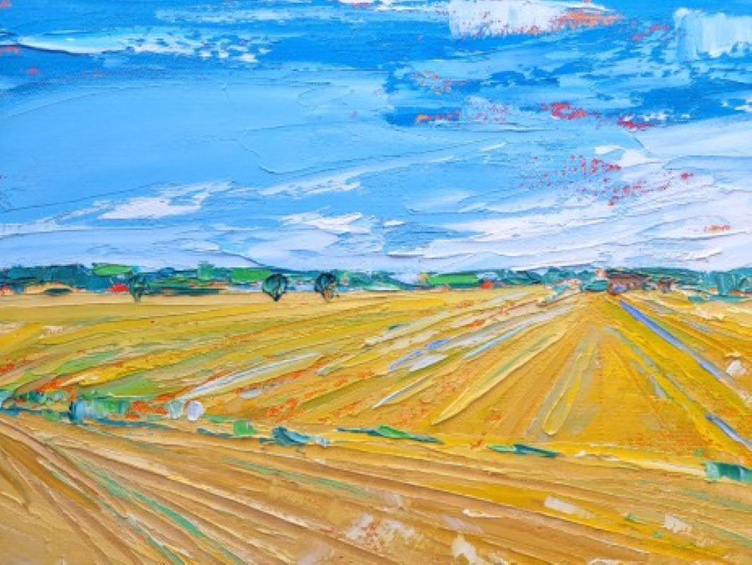 Stubble Fields, Herefordshire, original landscape, field painting - Abstract Impressionist Painting by Georgie Dowling