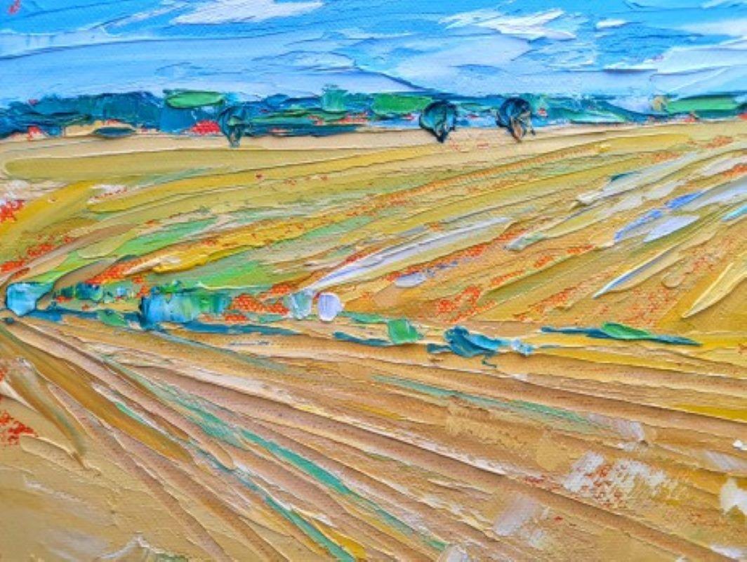 Stubble Fields, Herefordshire, original landscape, field painting - Brown Landscape Painting by Georgie Dowling