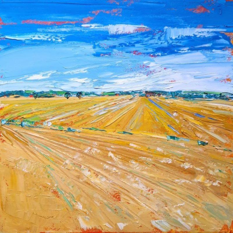 Landscape Painting Georgie Dowling - Stubble Fields, Herefordshire, paysage original, peinture de champ