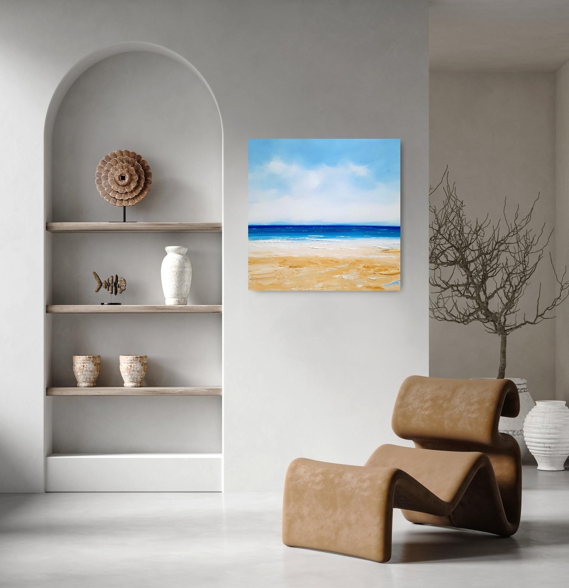 Summers Serenity, Textured Seascape Art, Oil Painting of the Cornish Landscape For Sale 4