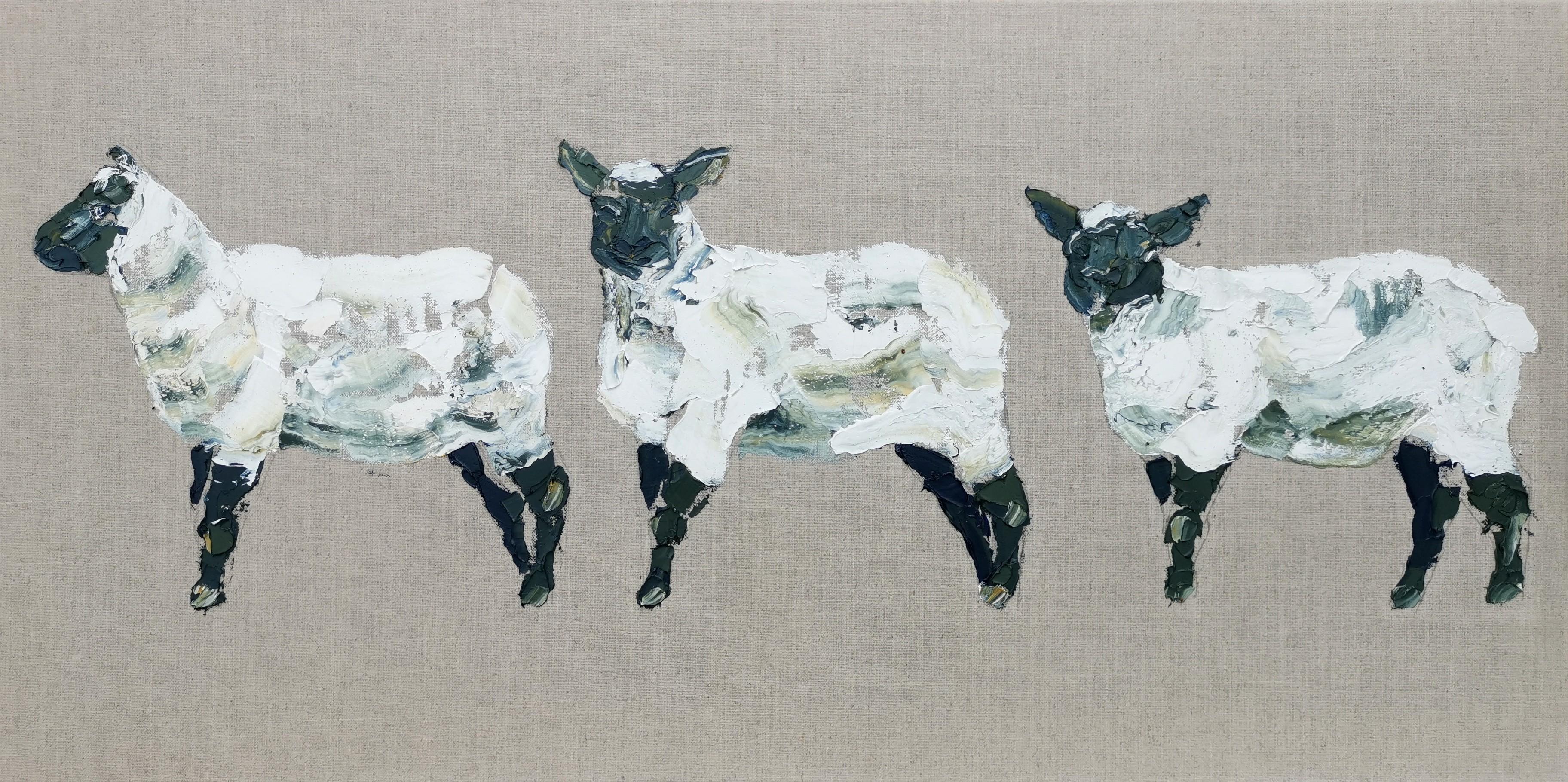 Tres corderos, Pintura original, Arte animal, Contemporáneo, Granja