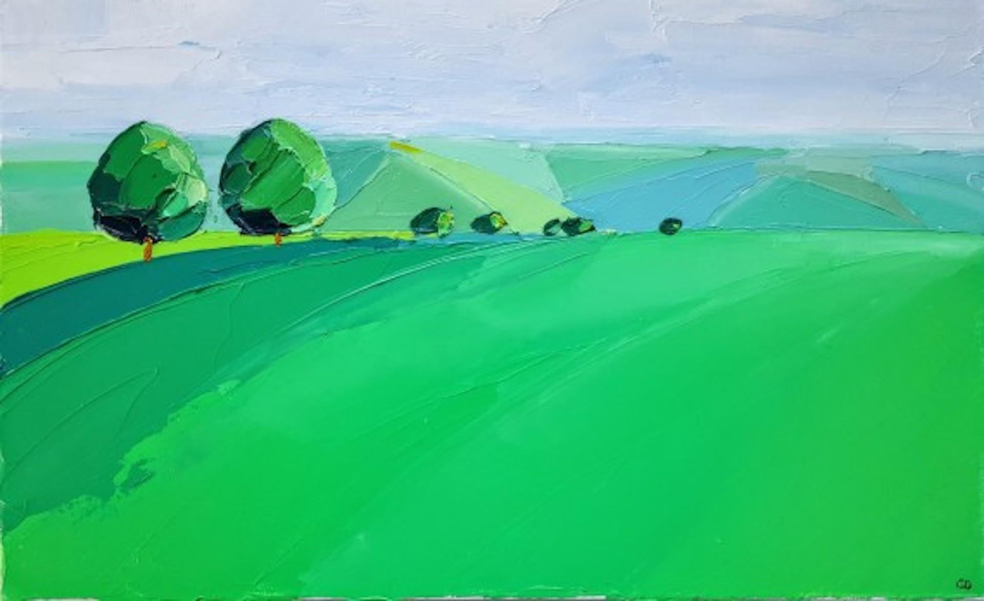 Georgie Dowling Landscape Painting - Two Trees in the Cotswolds, Original painting, Rural Landscape Art