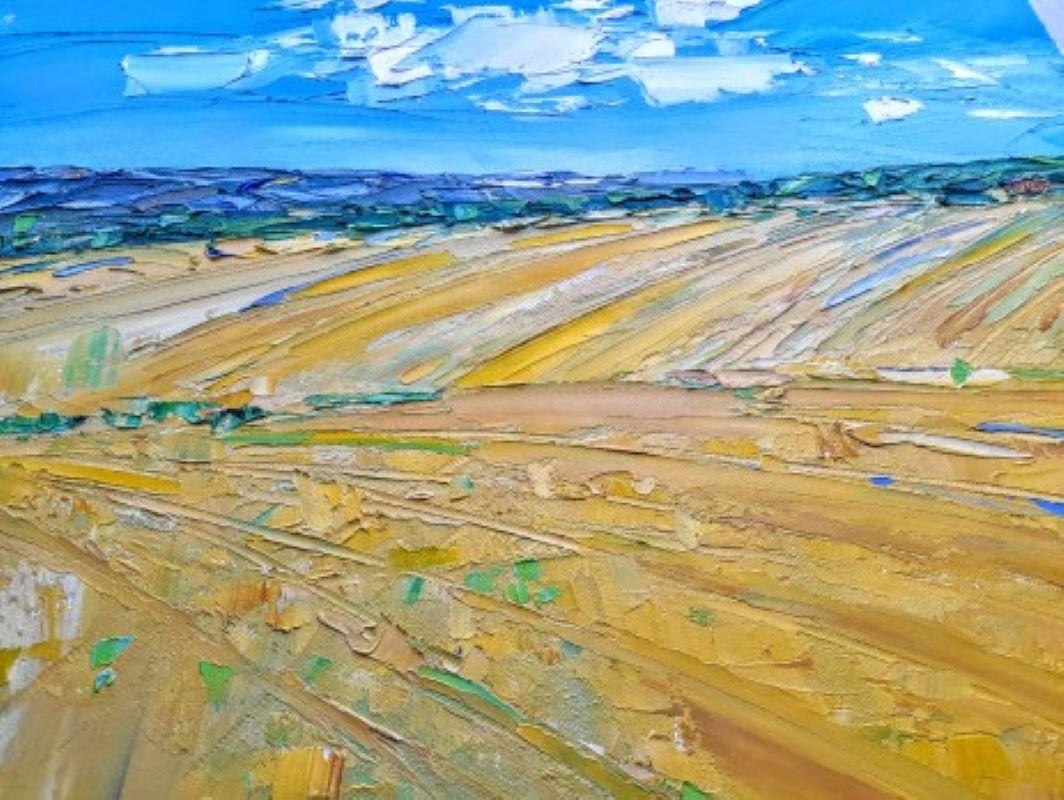 Vista desde el tren, paisaje original, arte abstracto, arte asequible - Landscape Painting Beige de Georgie Dowling