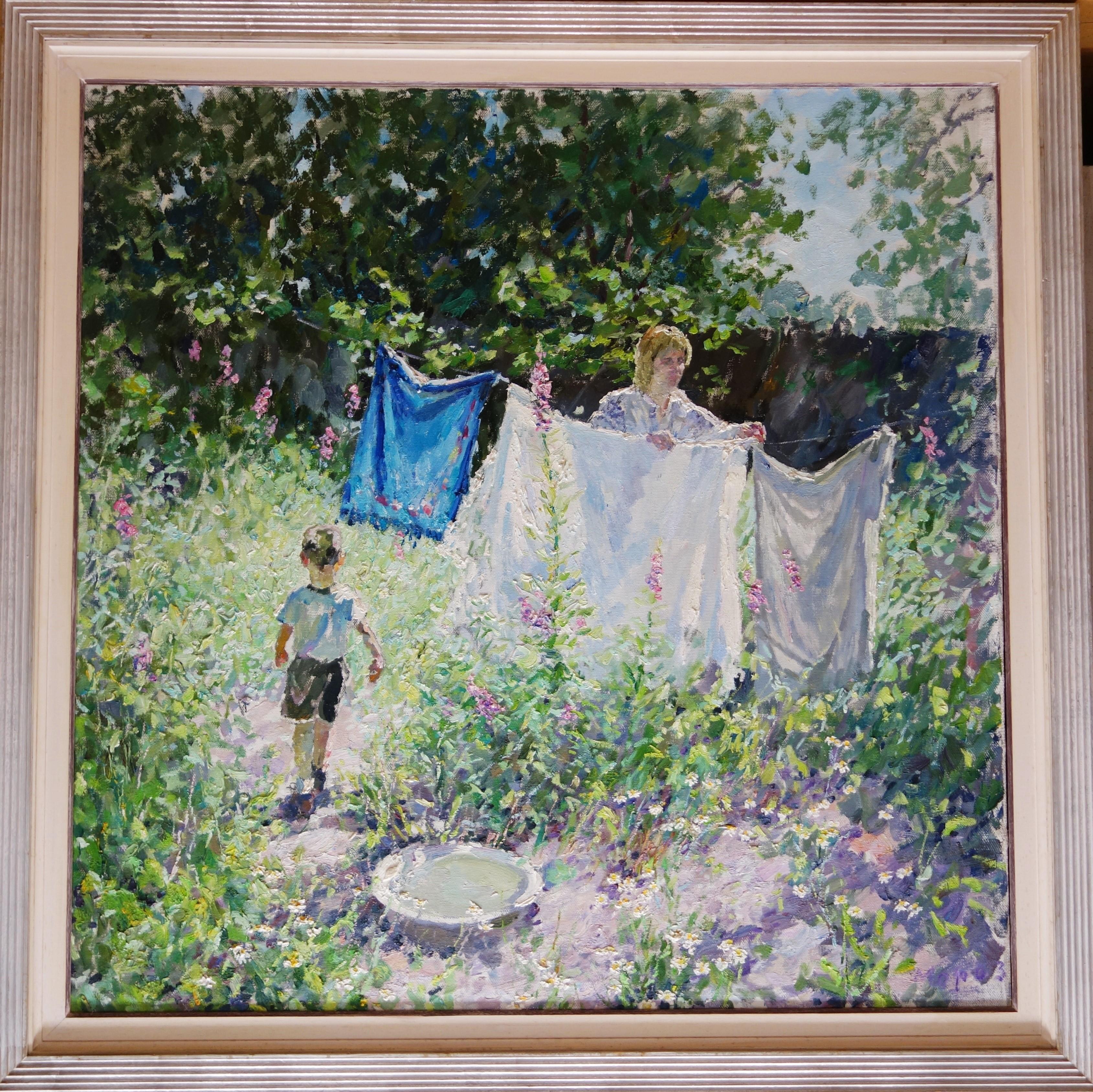 Georgij Moroz Still-Life Painting - " Clothes hanging with mum "  Child, Mother , Offer Free Shipping cm.120 x 120   