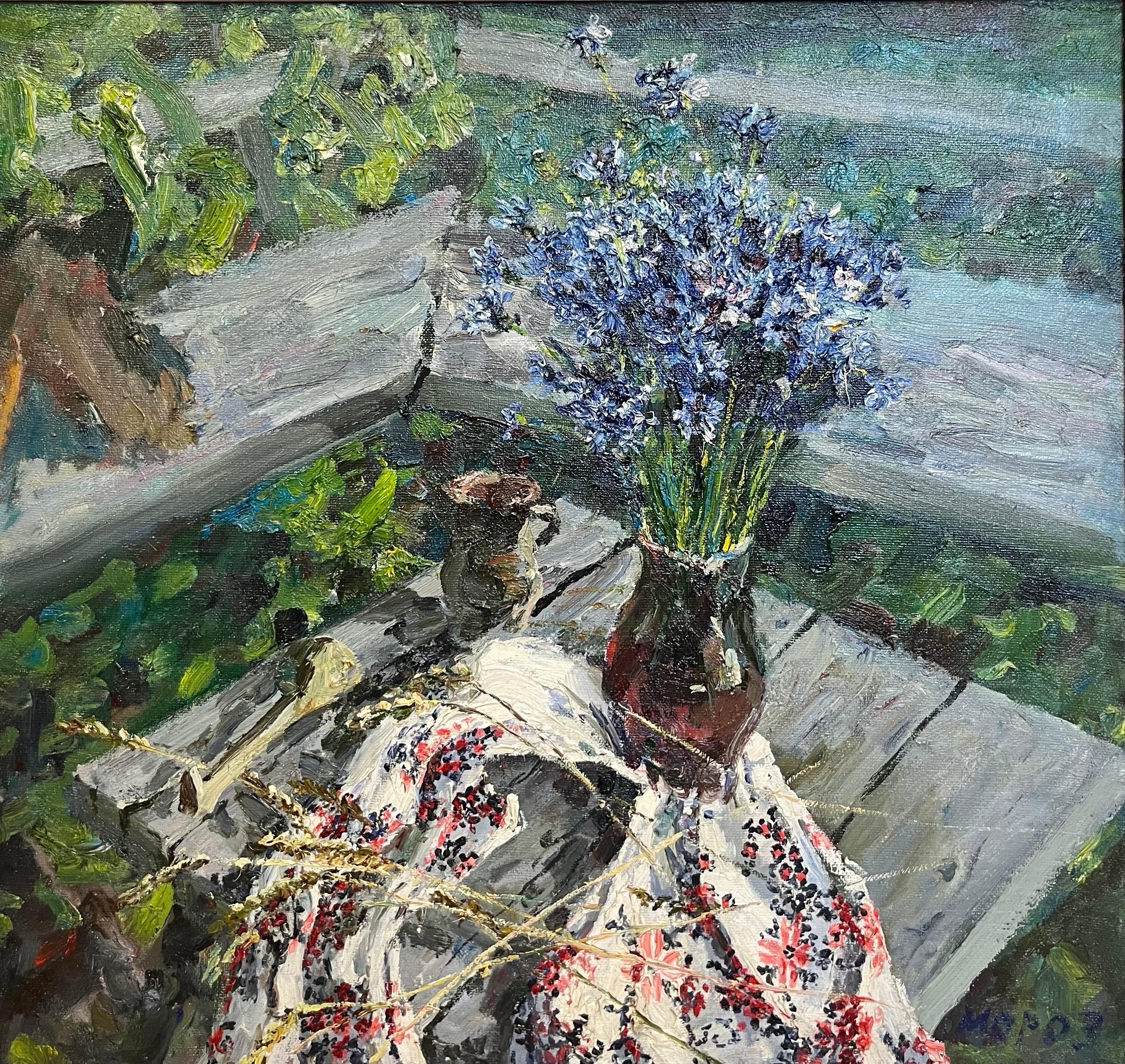 Figurative Painting de Georgij Moroz - " Fiordalisi" Olio cm. 90 x 85  1992