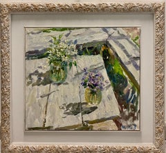" first spring flo on the table" Oil cm. 52 x 47 Flowers, Viola, Violette, white