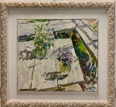 "primera flo primaveral sobre la mesa" Óleo cm. 52 x 47 Flores, Viola, Violette, blanco