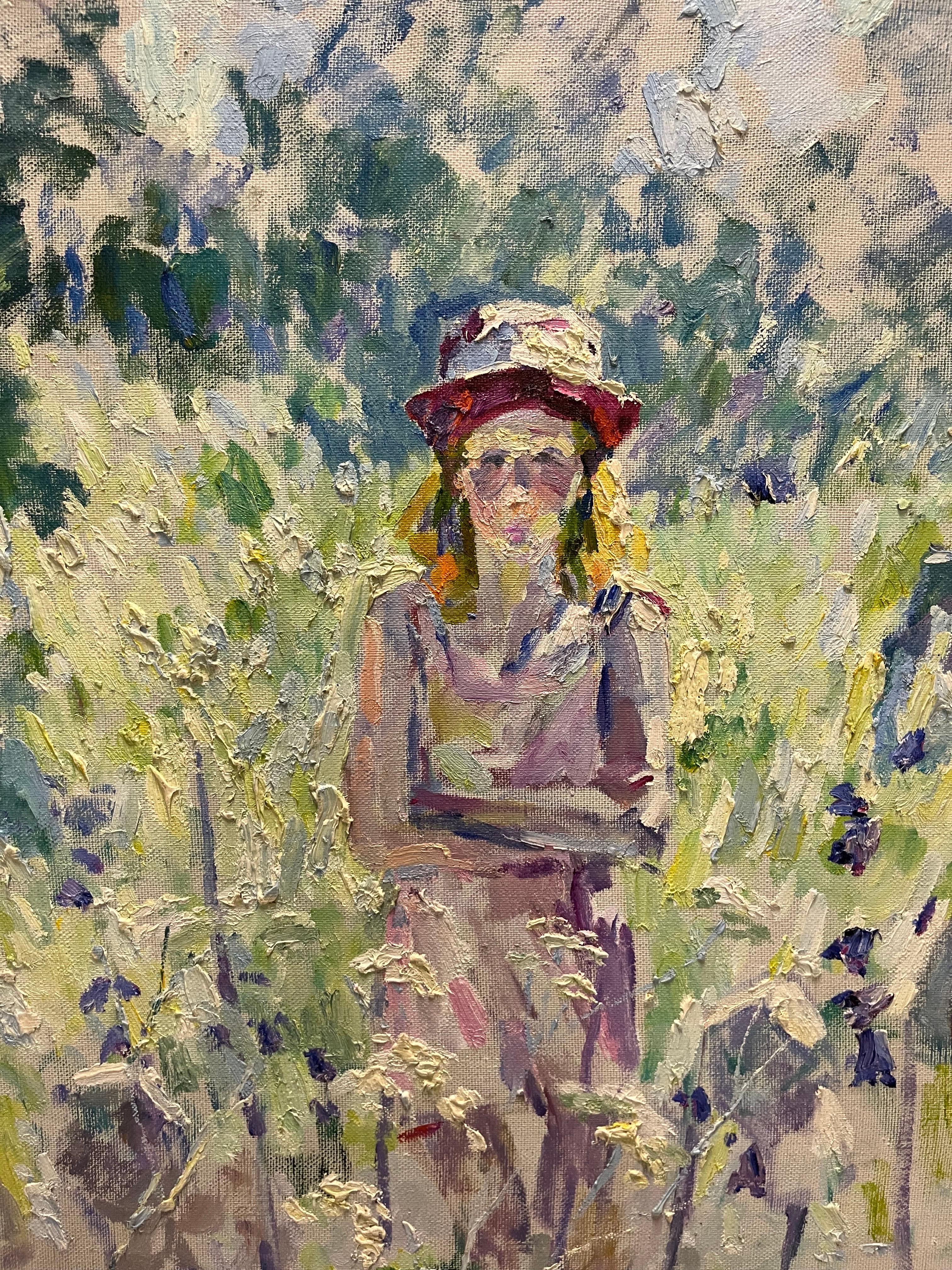 Jeune fille avec une cape rose  100 cm x 93 cm  2001 - Painting de Georgij Moroz