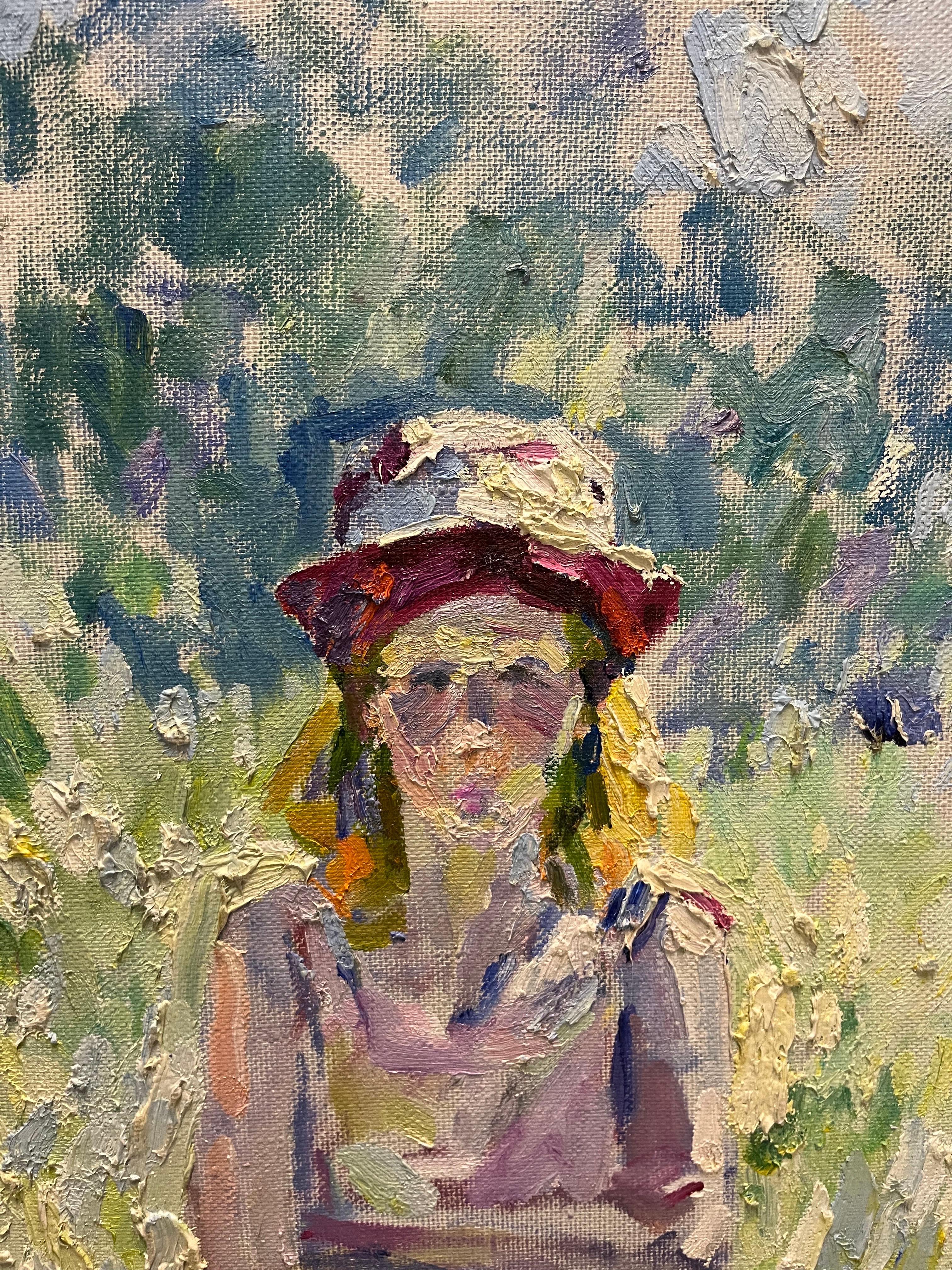 Jeune fille avec une cape rose  100 cm x 93 cm  2001 - Impressionnisme Painting par Georgij Moroz