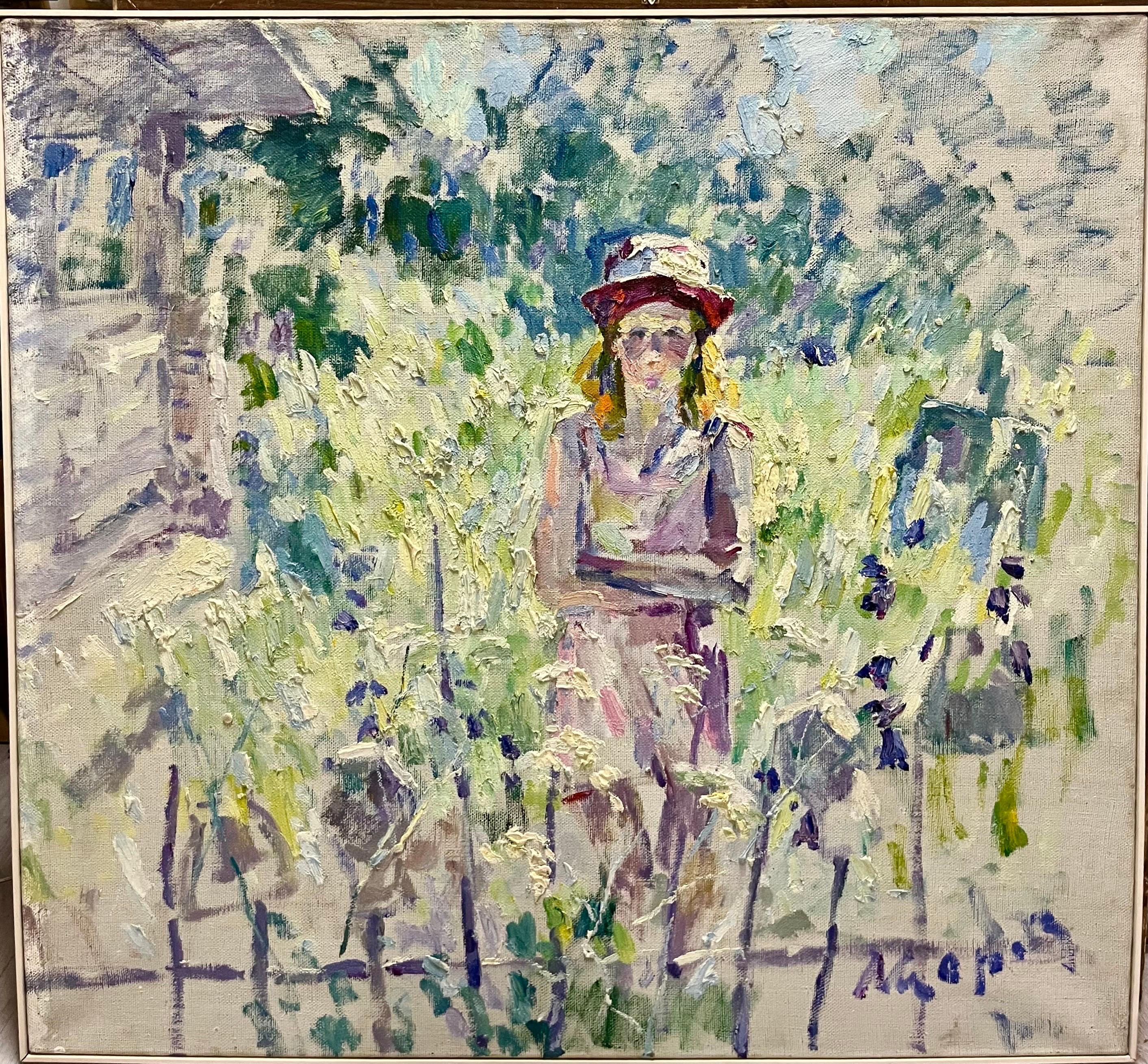Figurative Painting Georgij Moroz - Jeune fille avec une cape rose  100 cm x 93 cm  2001