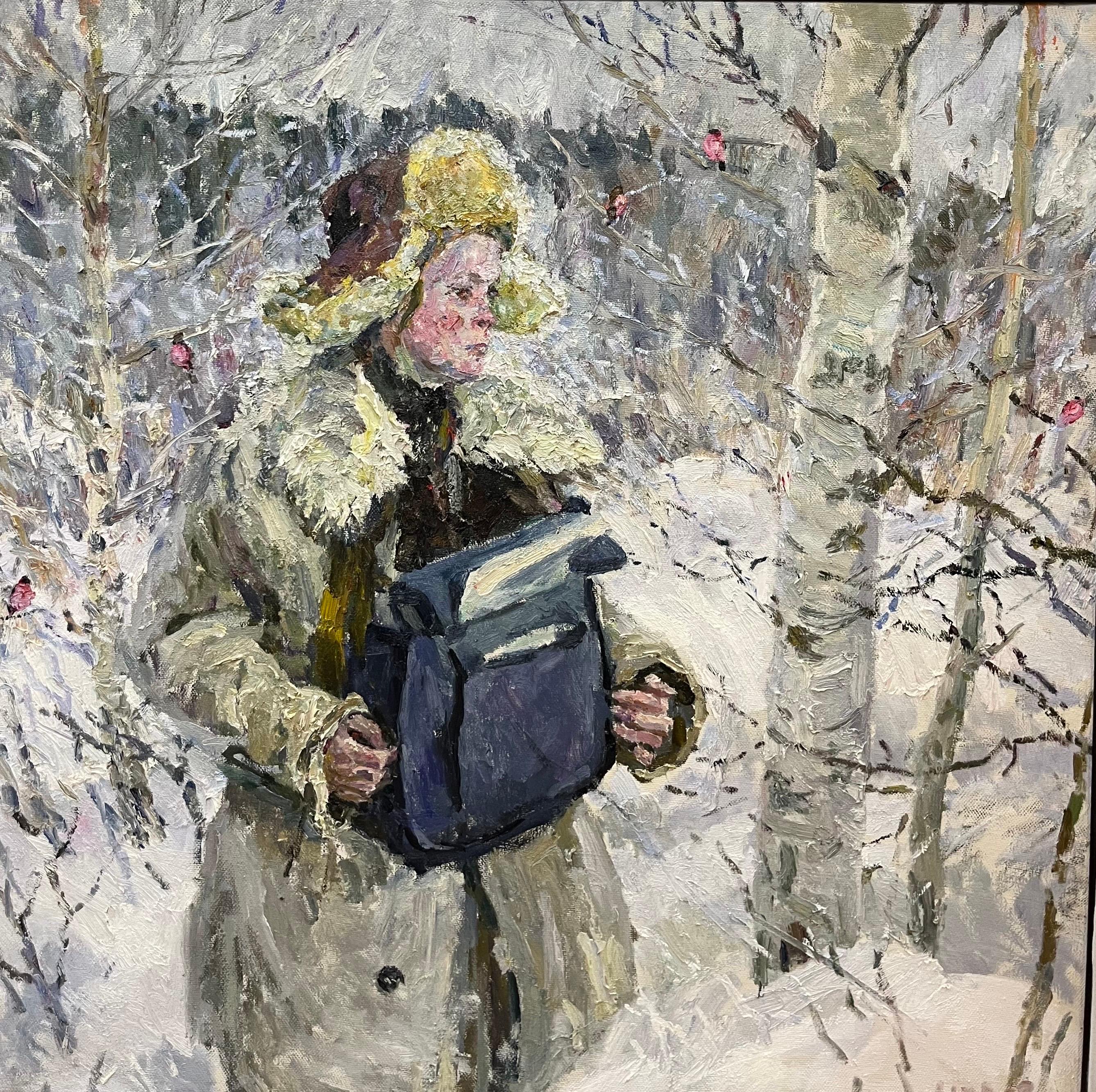 Georgij Moroz Landscape Painting - " the post woman "Oil cm. 101 x 101, Snow, winter