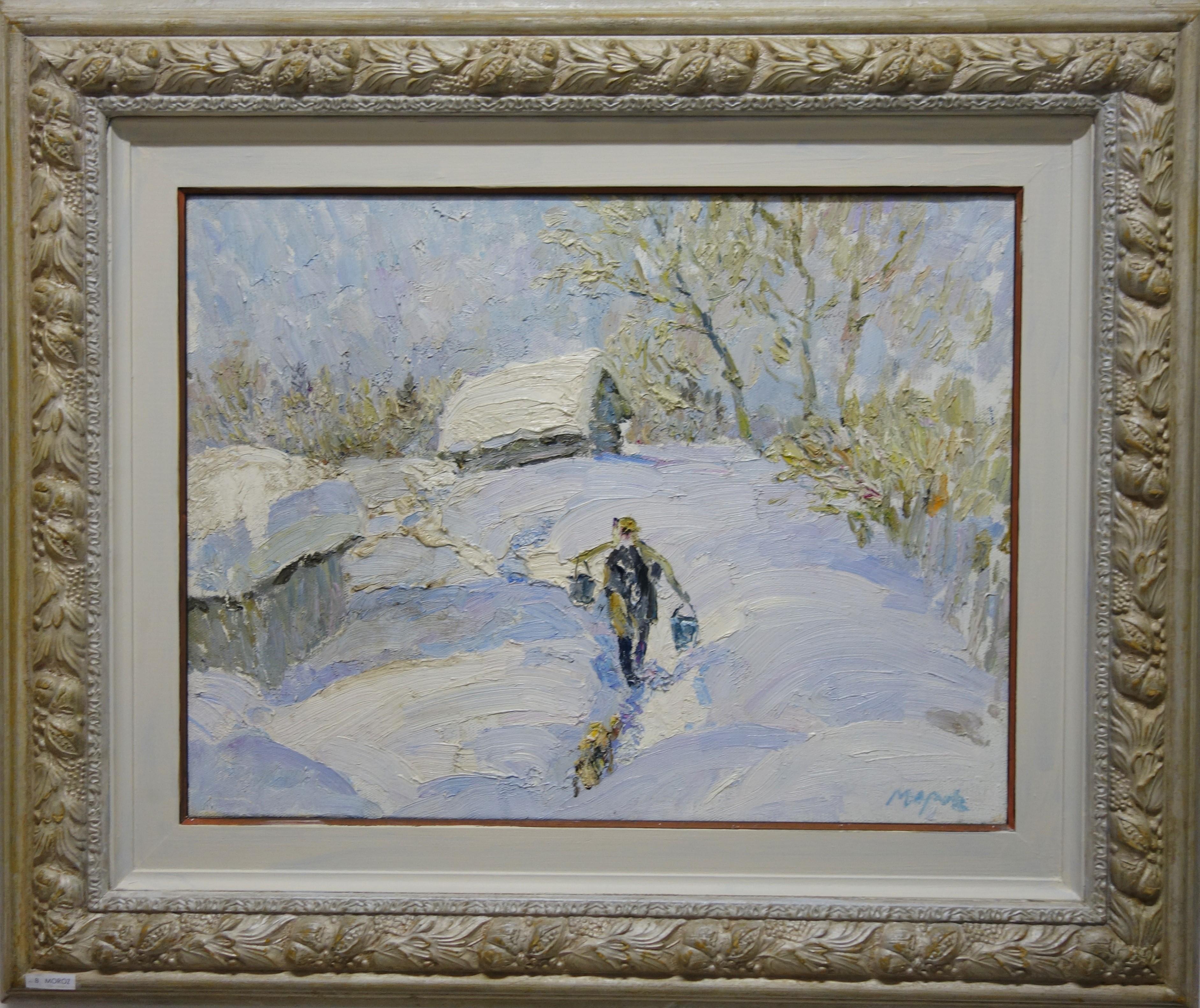 Georgij Moroz Animal Painting - "Winter" , Snow , Little Dog , White, 20th, oil  cm. 53 x 40 