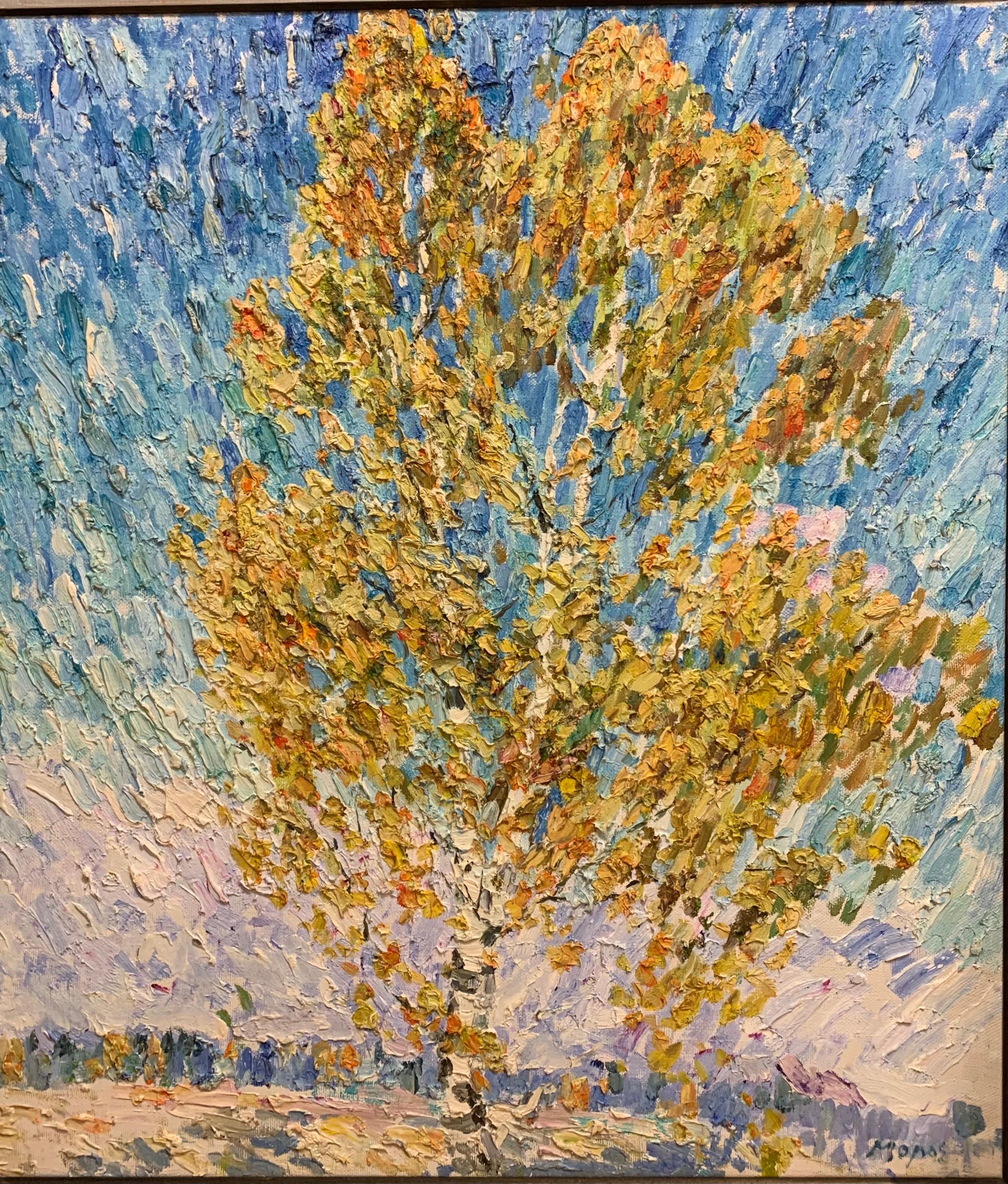 Georgij Moroz Figurative Painting – "autumn birches" Oil cm. 99 x 87 free shipping