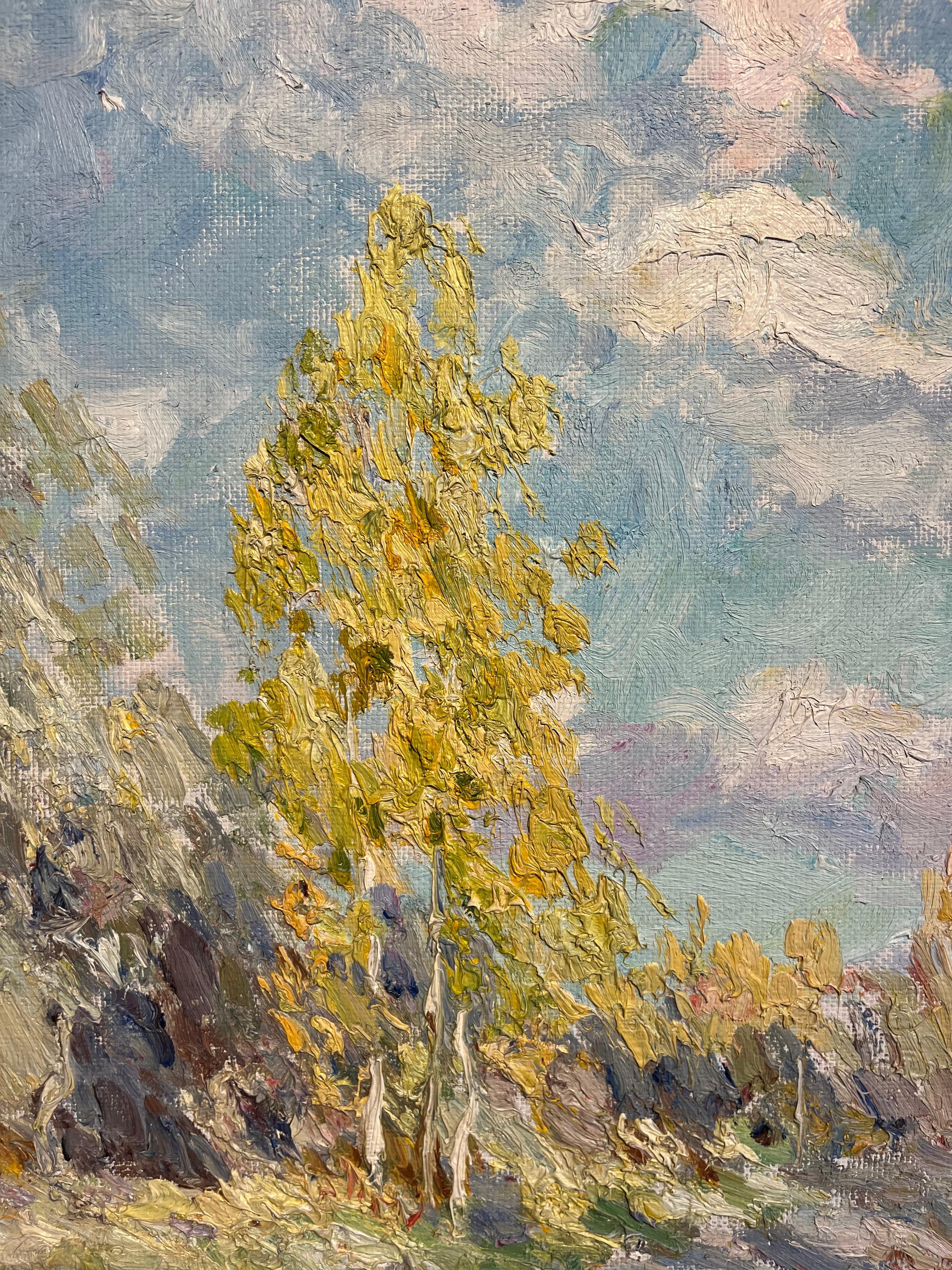 La pittura di Georgij Moroz molto materica e luminosa ,viene esaltata in questo paesaggio autunnale
I toni sono Gialli e arancioni delle foglie d'autunno, Il cielo azzurro e luminoso con nuvole del nord 
  