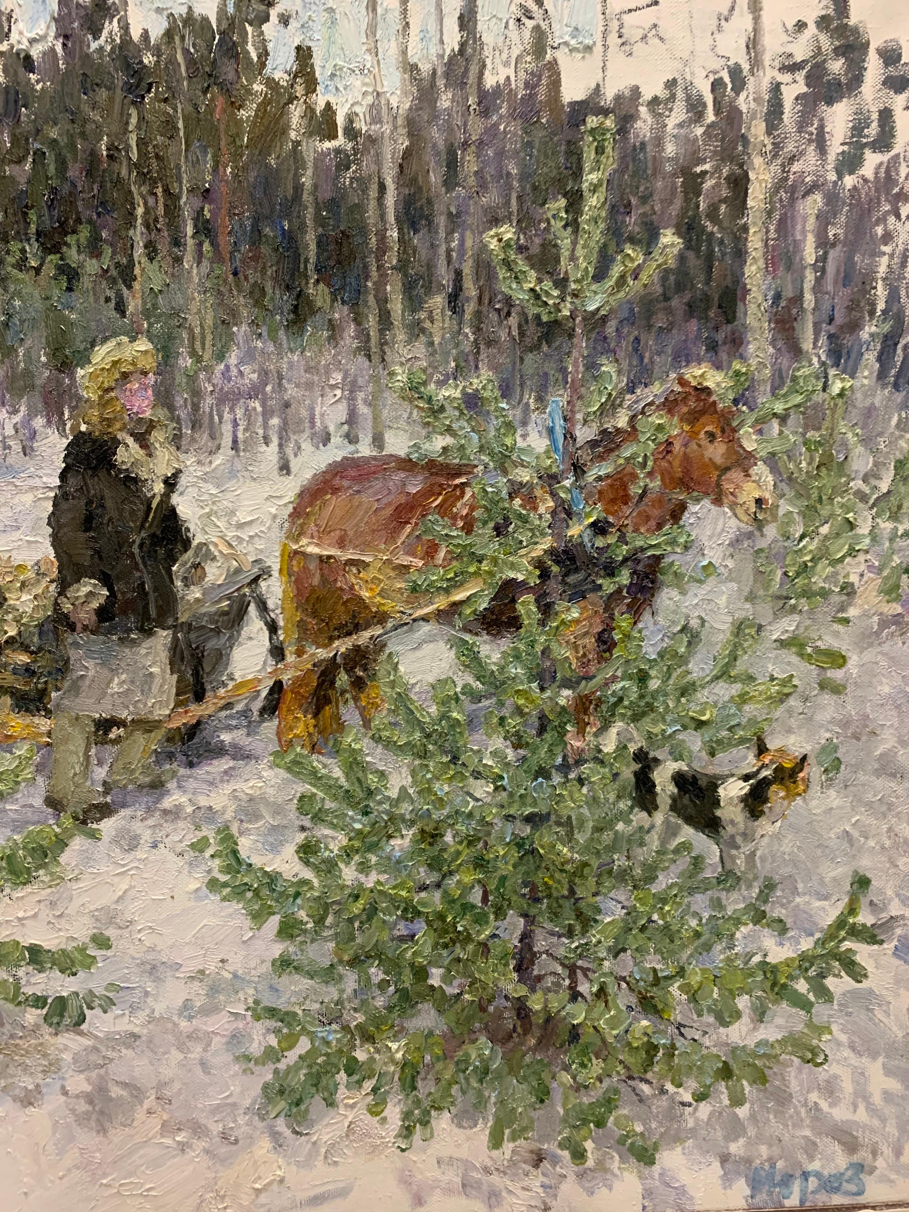 „Zurück zu Hause“ Schnee, Wald, Winter, Weiß, Impressionismus, Weihnachts 120 x 100 cm – Painting von Georgij Moroz