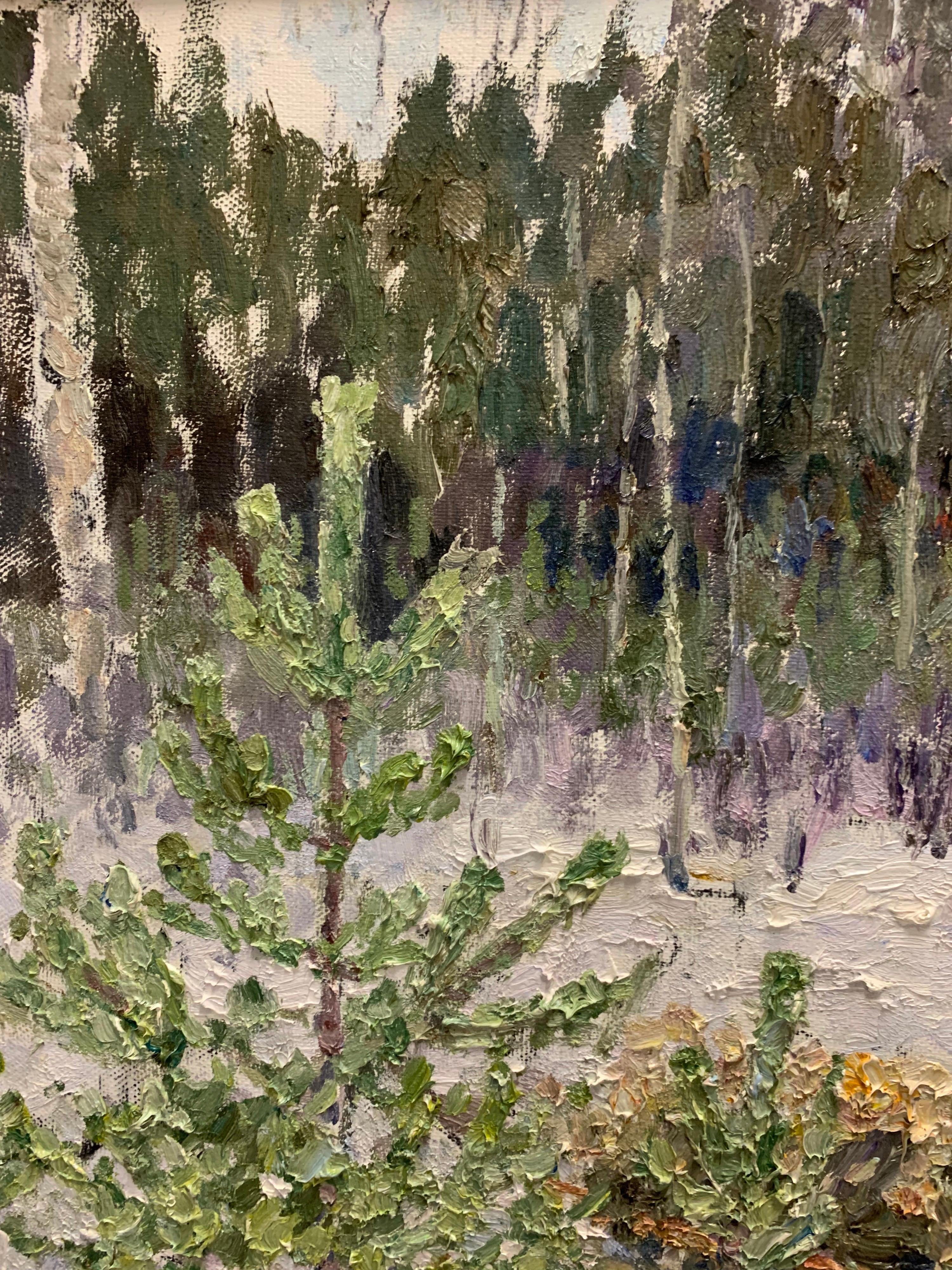 « Back home », Neige, Forêt, Hiver, Blanc, Impressionnisme, Noël 120 x 100 cm en vente 1