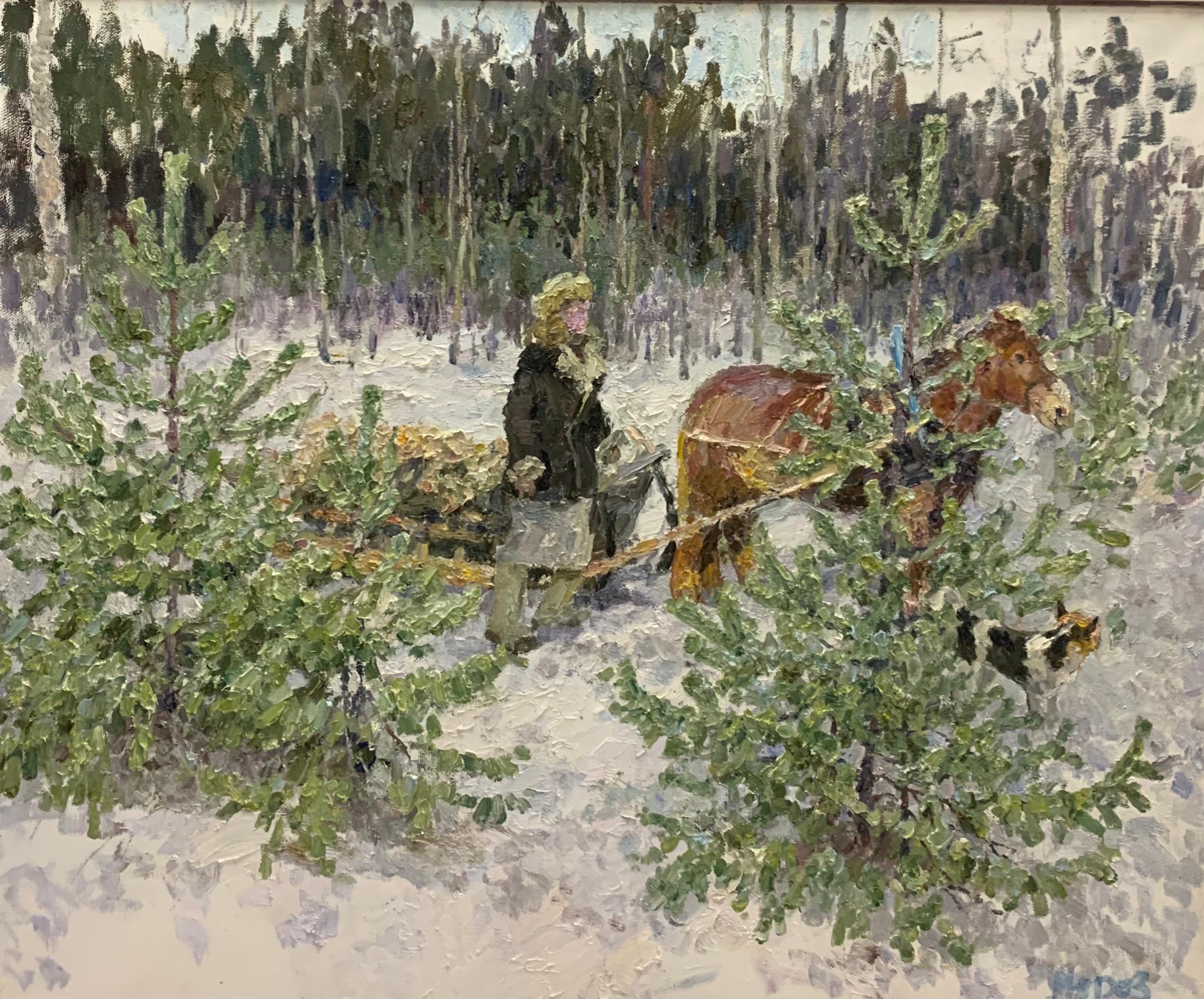 Landscape Painting Georgij Moroz - « Back home », Neige, Forêt, Hiver, Blanc, Impressionnisme, Noël 120 x 100 cm