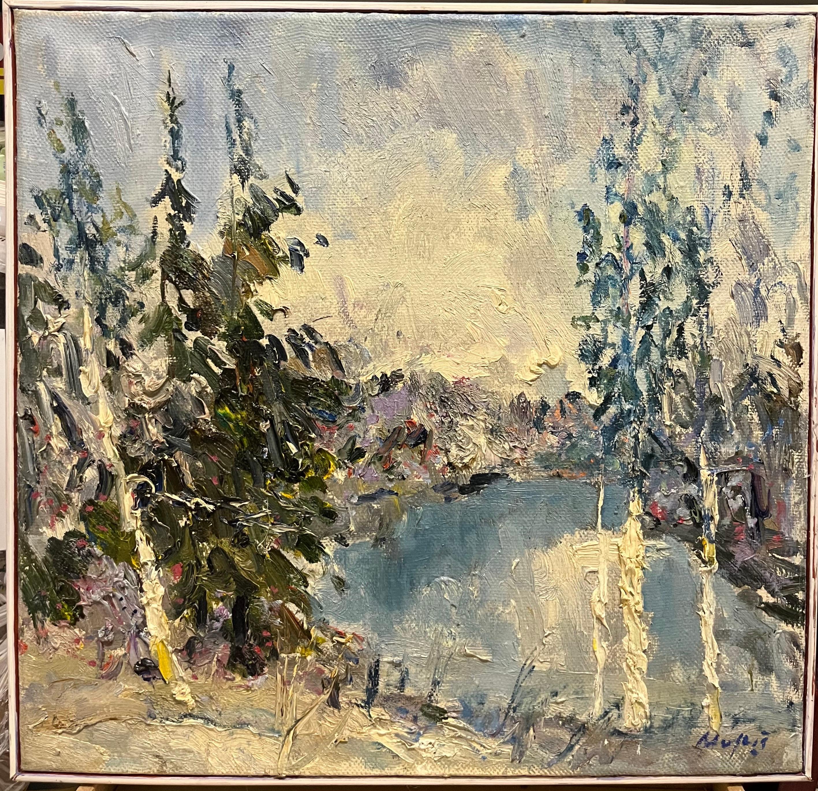 Georgij Moroz Landscape Painting - "Blue Lake"Forest  Oil cm. 50 x 48 