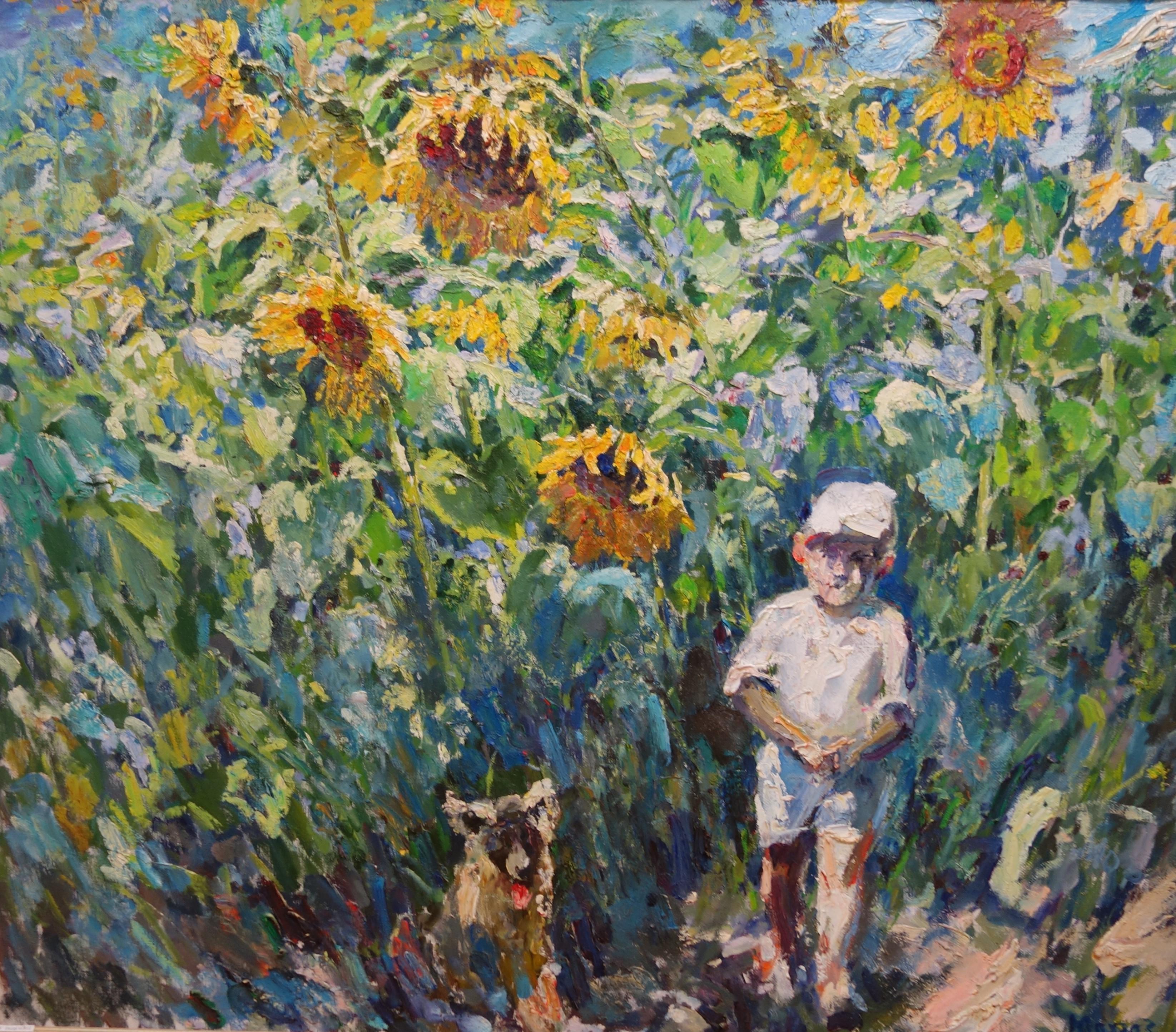 Georgij Moroz Animal Painting - "Child among sunflowers" cm. 148 x 126 Oil 