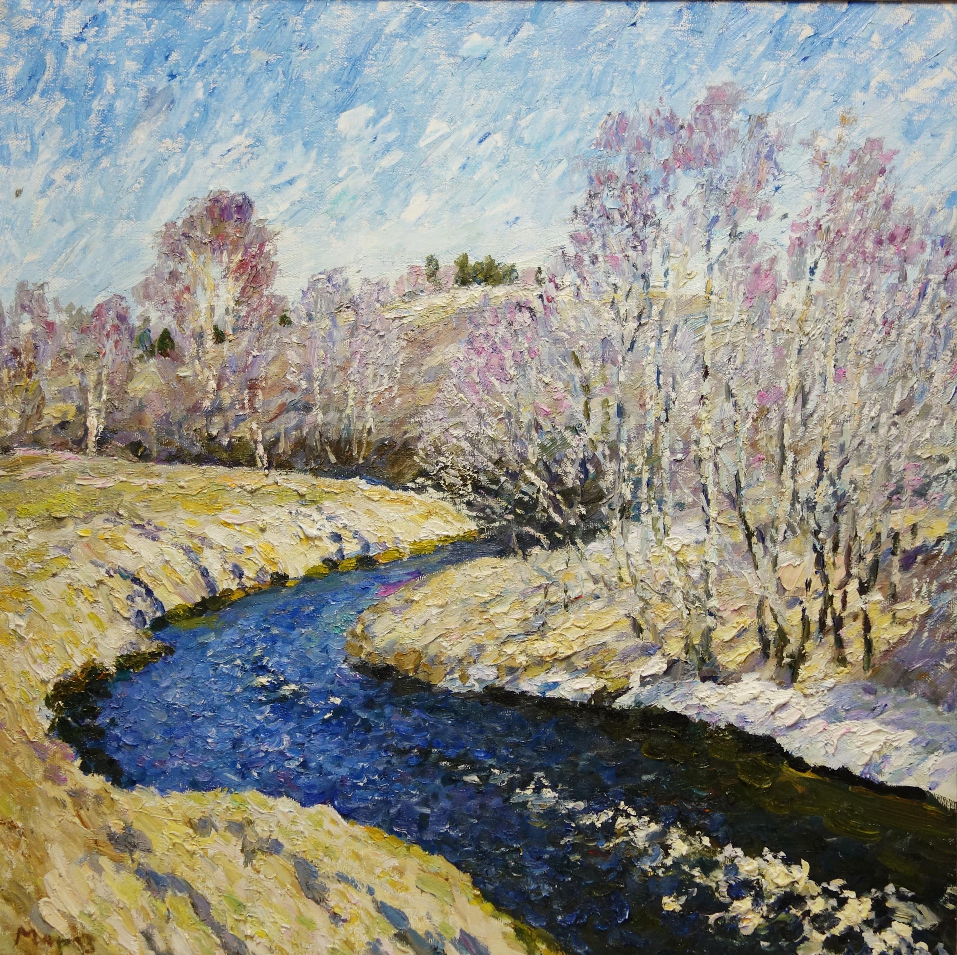 Georgij Moroz Landscape Painting - "Dark River, spring colors" Landscape, oil cm. 103 x 103