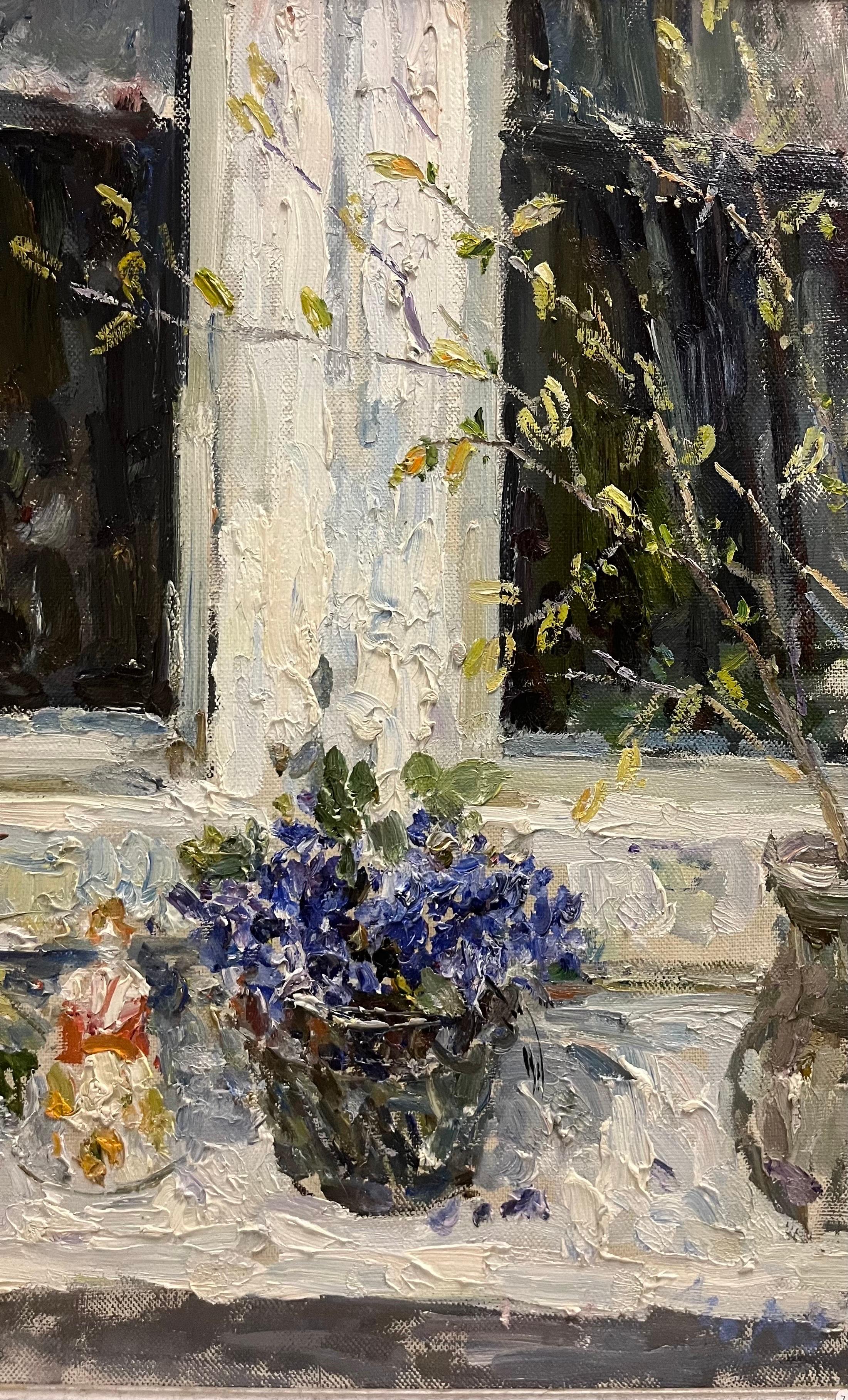 « Early spring, Window », huile, cm. 82 x 75 - Marron Still-Life Painting par Georgij Moroz