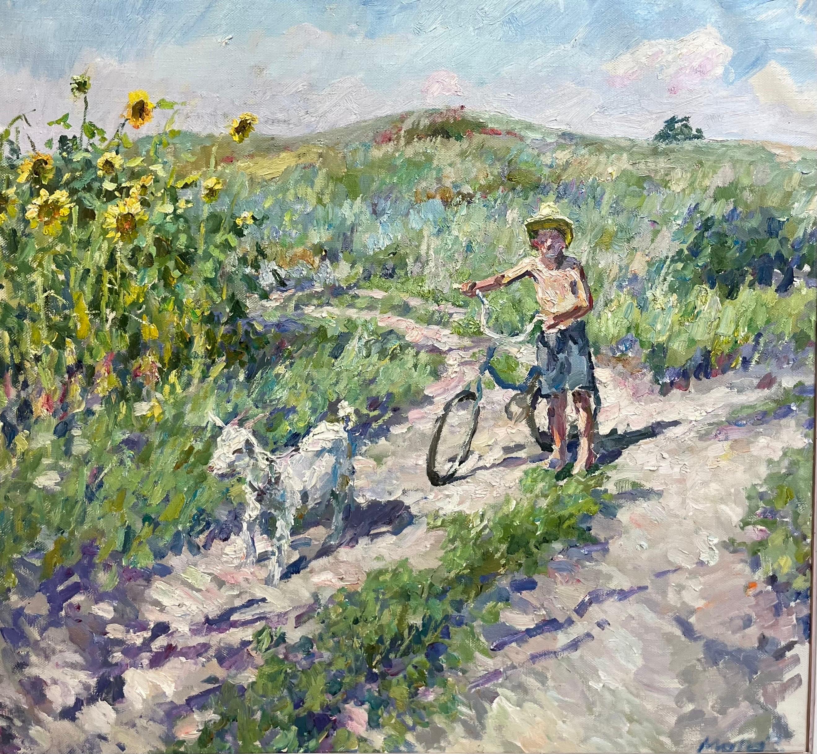 Georgij Moroz Landscape Painting - "Estate" Girasoli   Olio , bambino,  bicicletta  , infanzia, postimpressionismo
