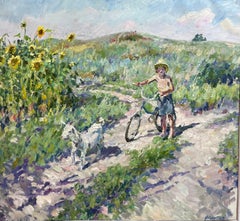 "Domaine" Girasoli   Olio, enfant  bicicletta  enfance, postimpressionisme