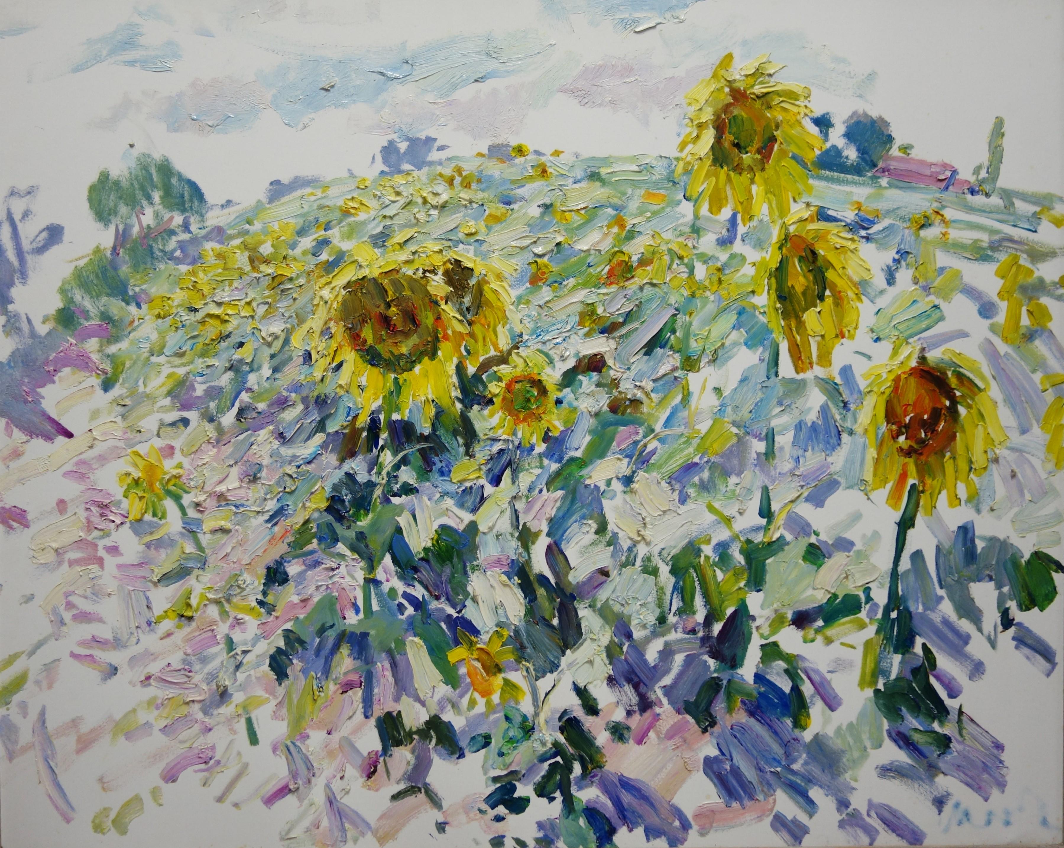 Landscape Painting Georgij Moroz - "Field of sunflowers" (Field of sunflowers)  jaune, tournesols, été, huile, cm. 100 x 80
