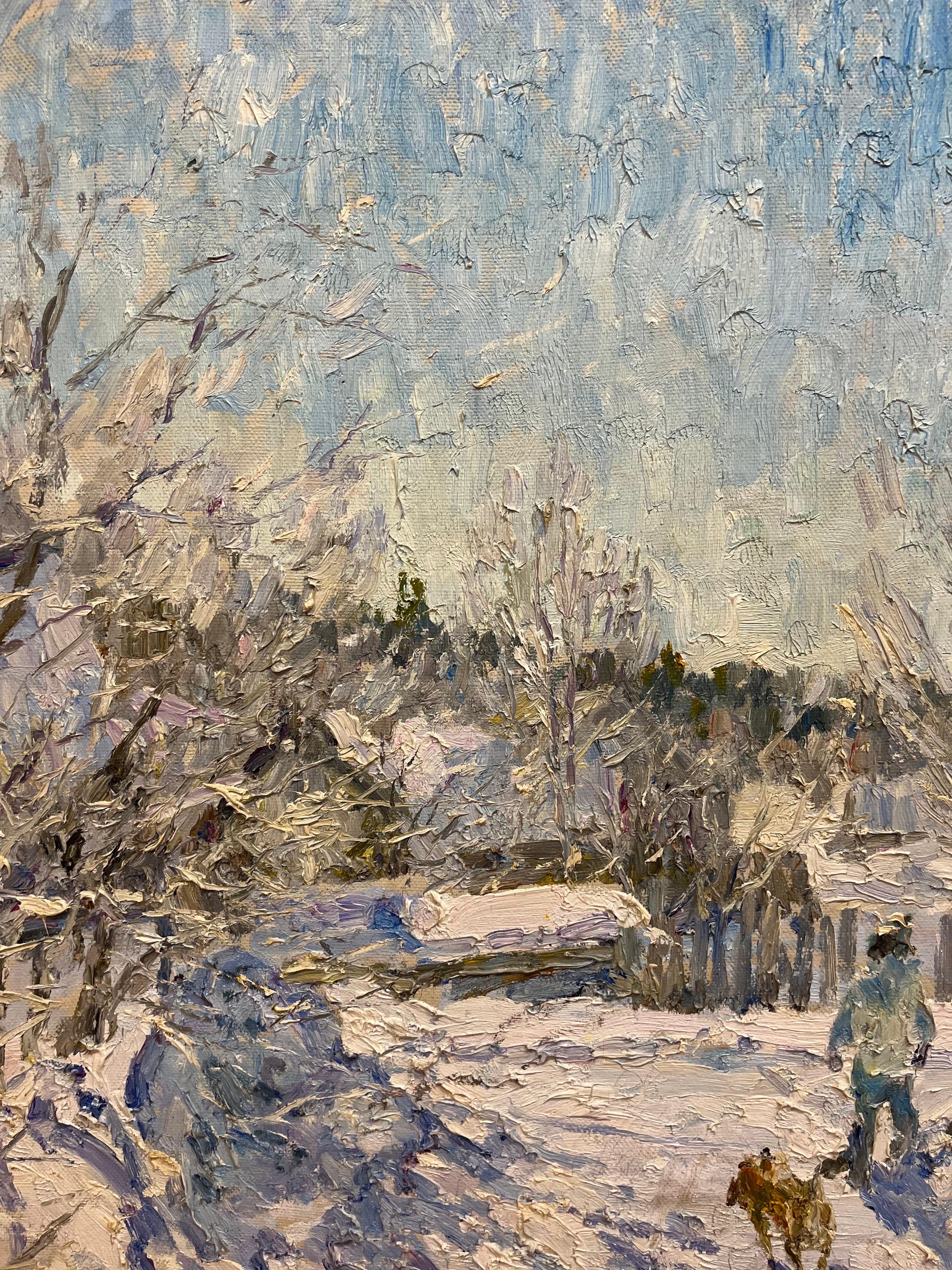 « Premier soleil » cm. 98 x 90 Huile, Neige, hiver - Gris Landscape Painting par Georgij Moroz