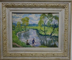 "Pescatori sul fiume " Pesca, Pescatore, Fiume, Greene & Greene, Olio  cm. 50 x 37  1980